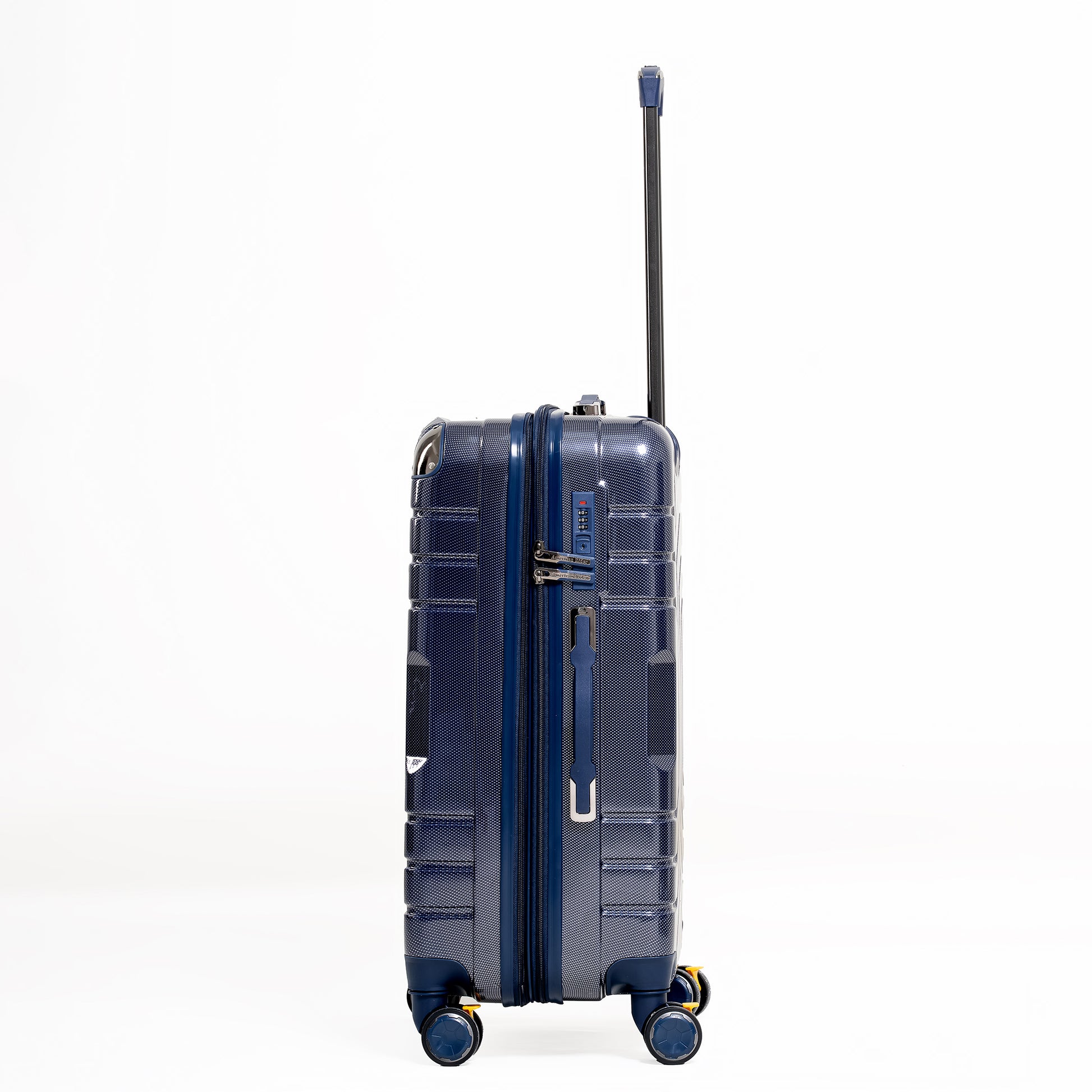Blue suitcase with wheels and handle on a white background