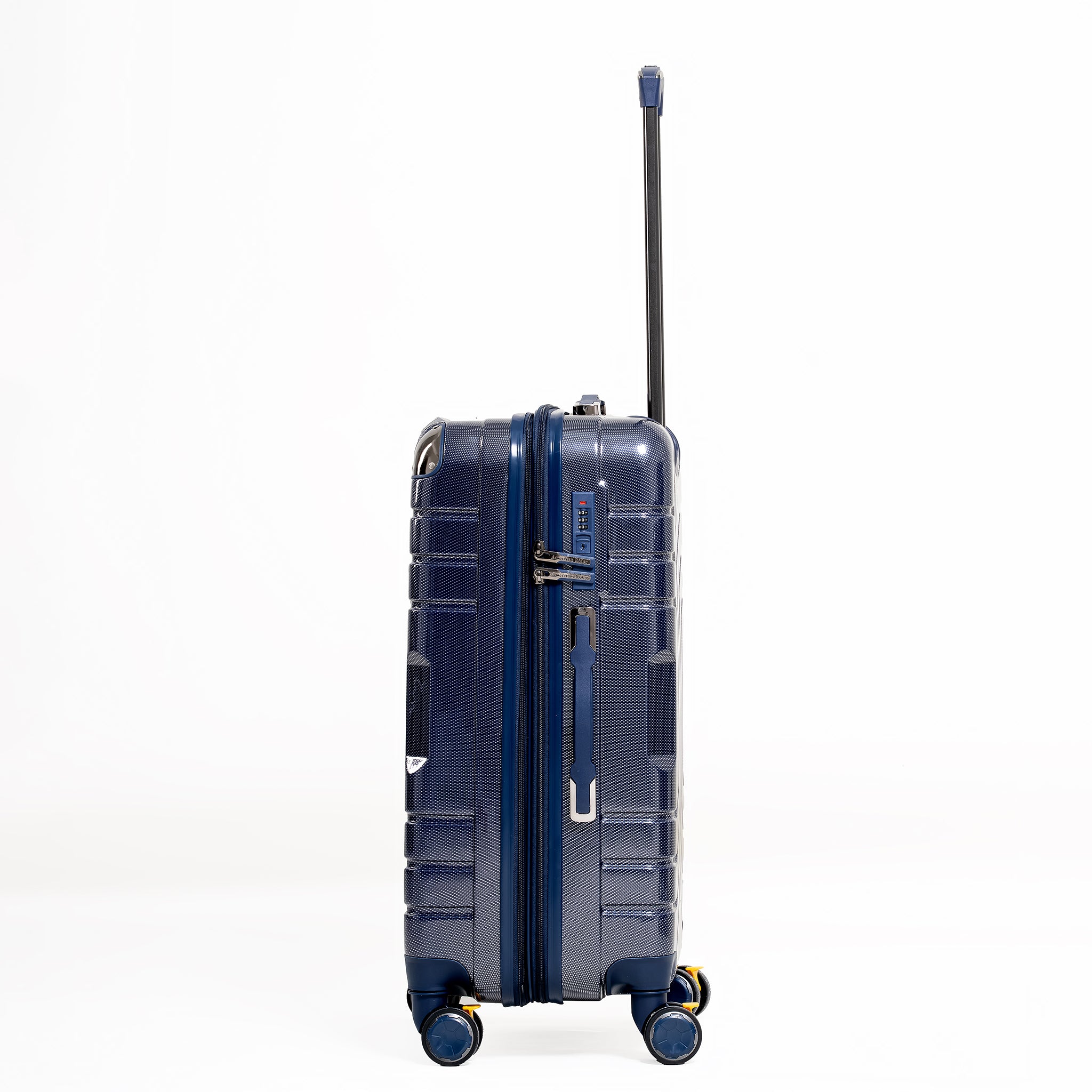 Blue suitcase with wheels and handle on a white background