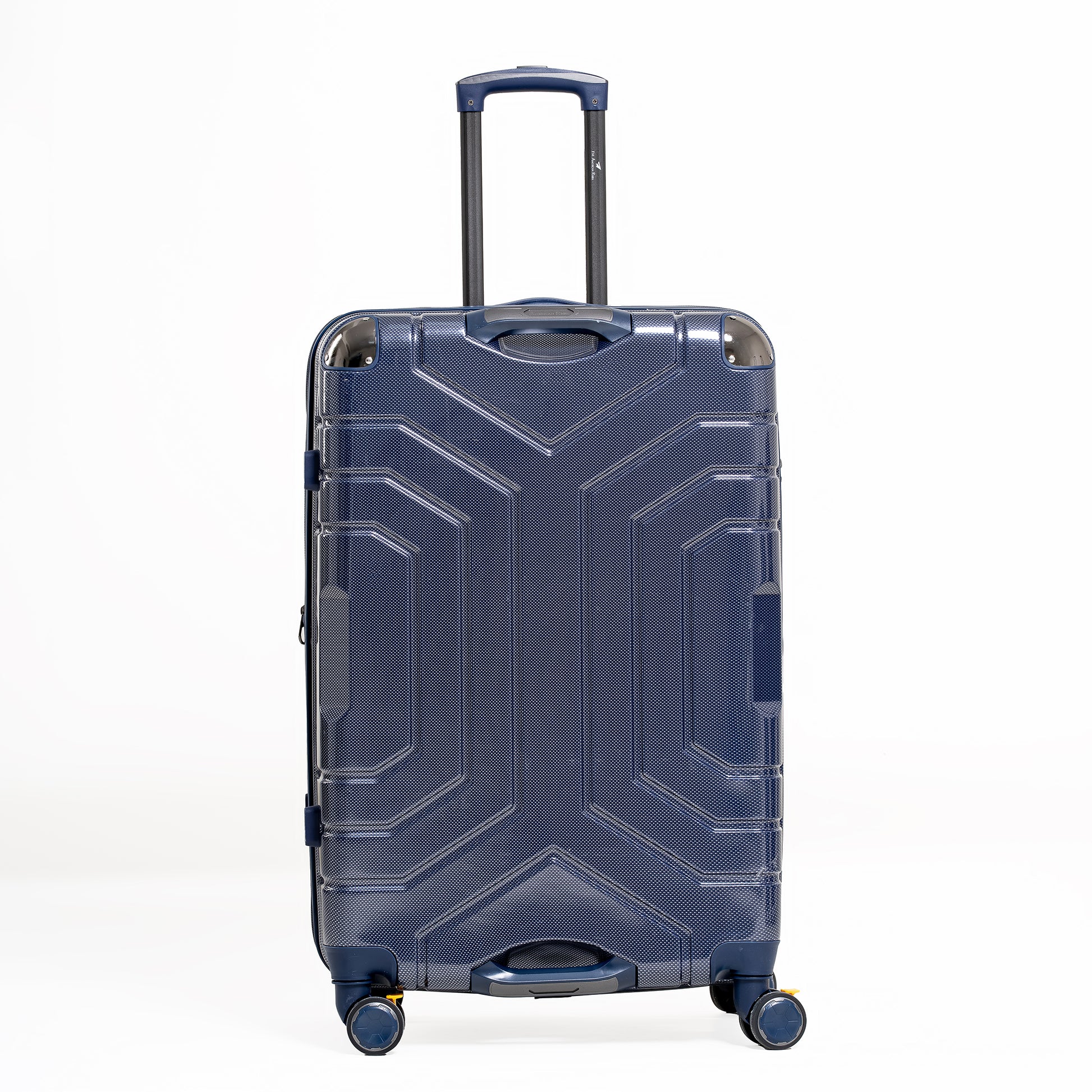 Blue suitcase with geometric design on a white background