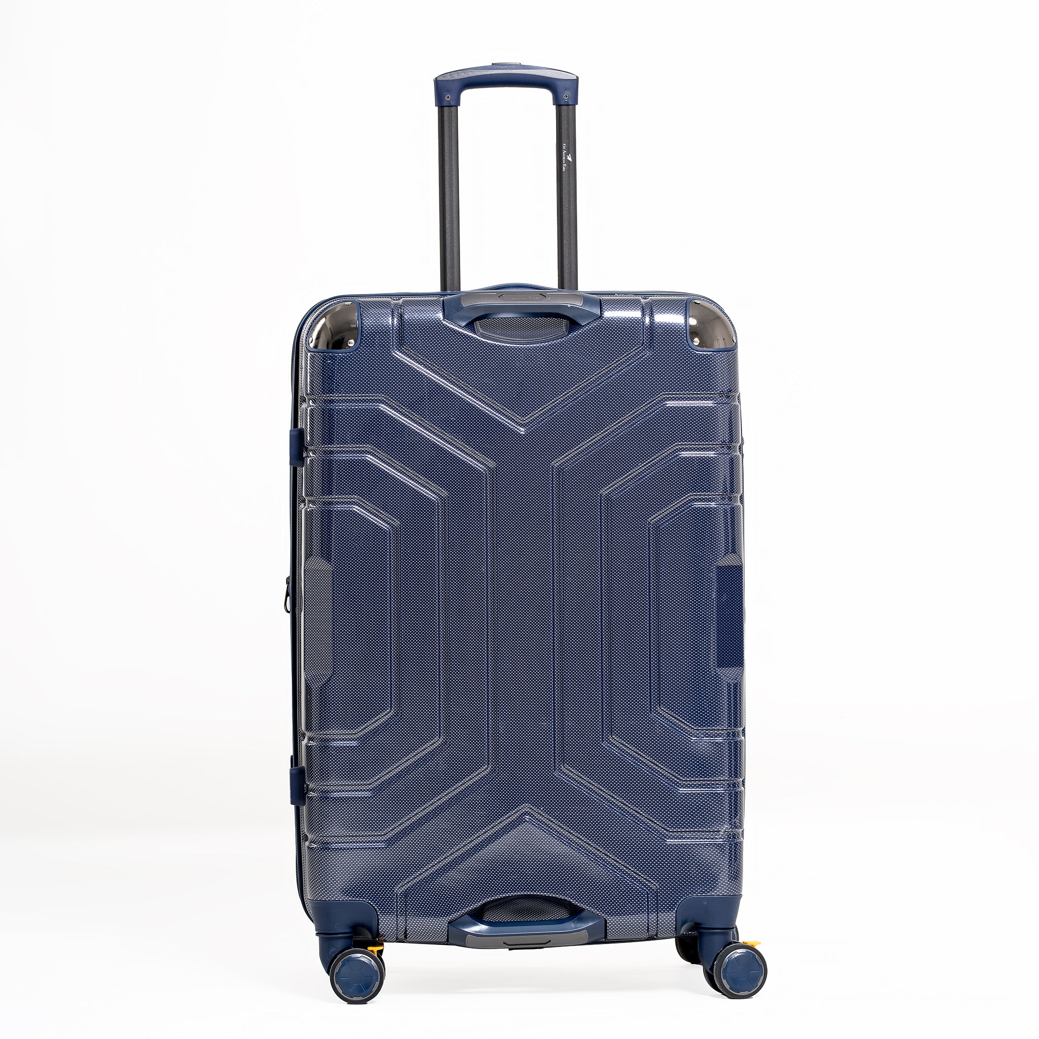 Blue suitcase with geometric design on a white background