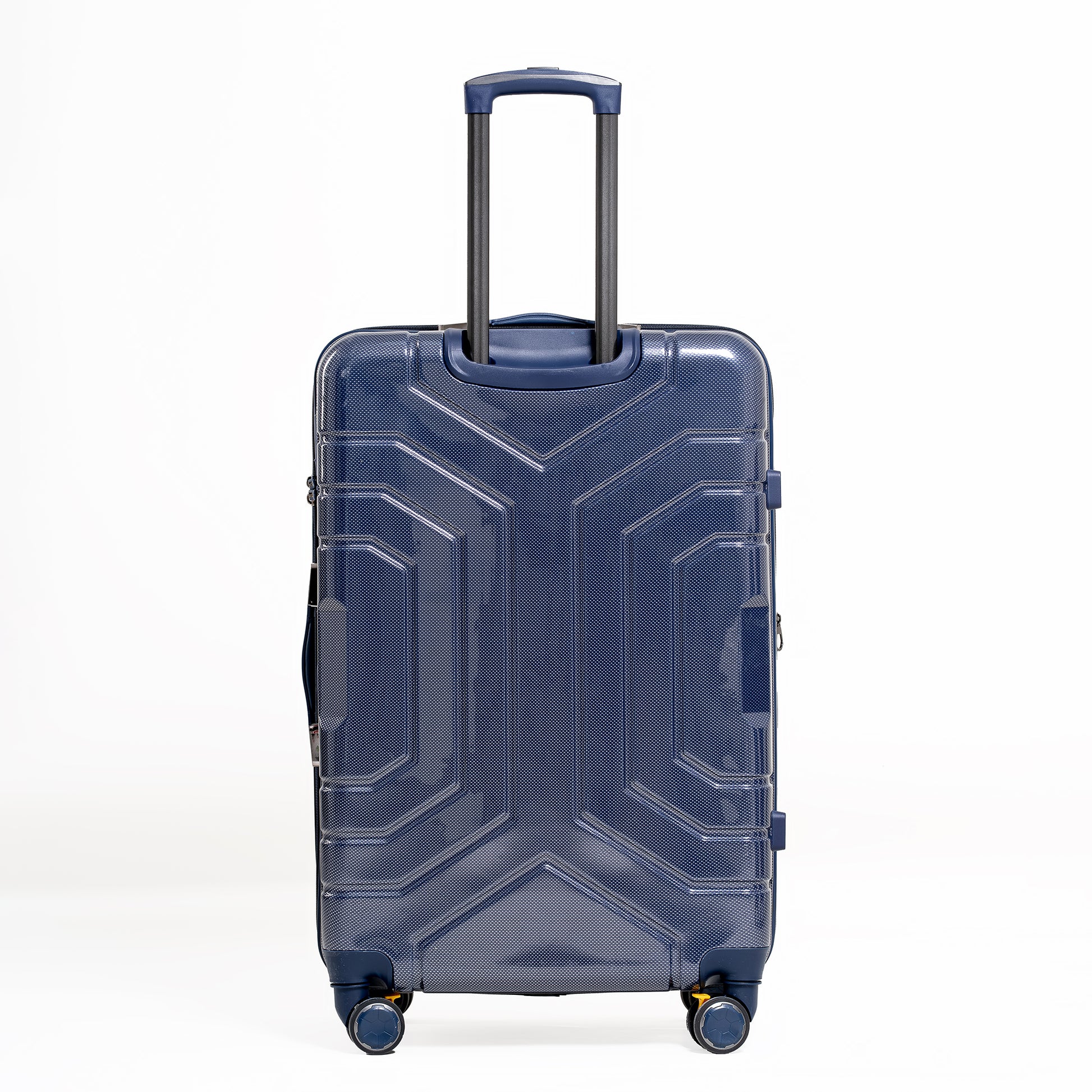 Blue suitcase with a geometric design on a white background
