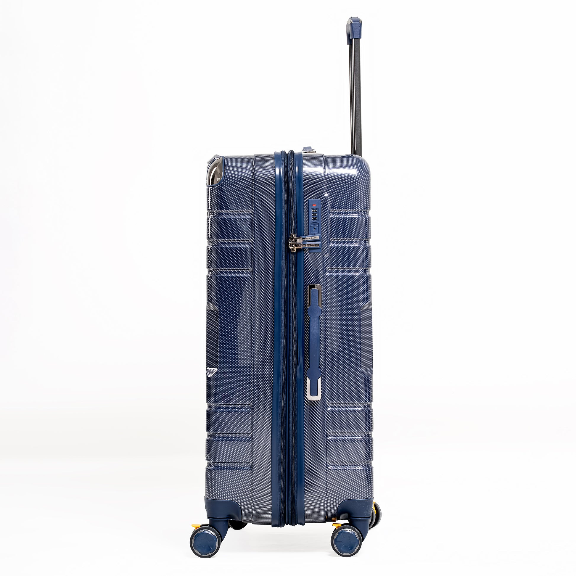 Blue suitcase with wheels on a white background