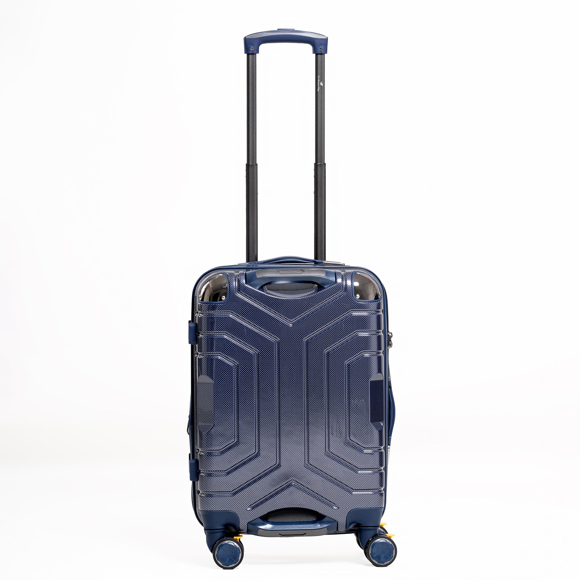Blue suitcase with geometric design on a white background