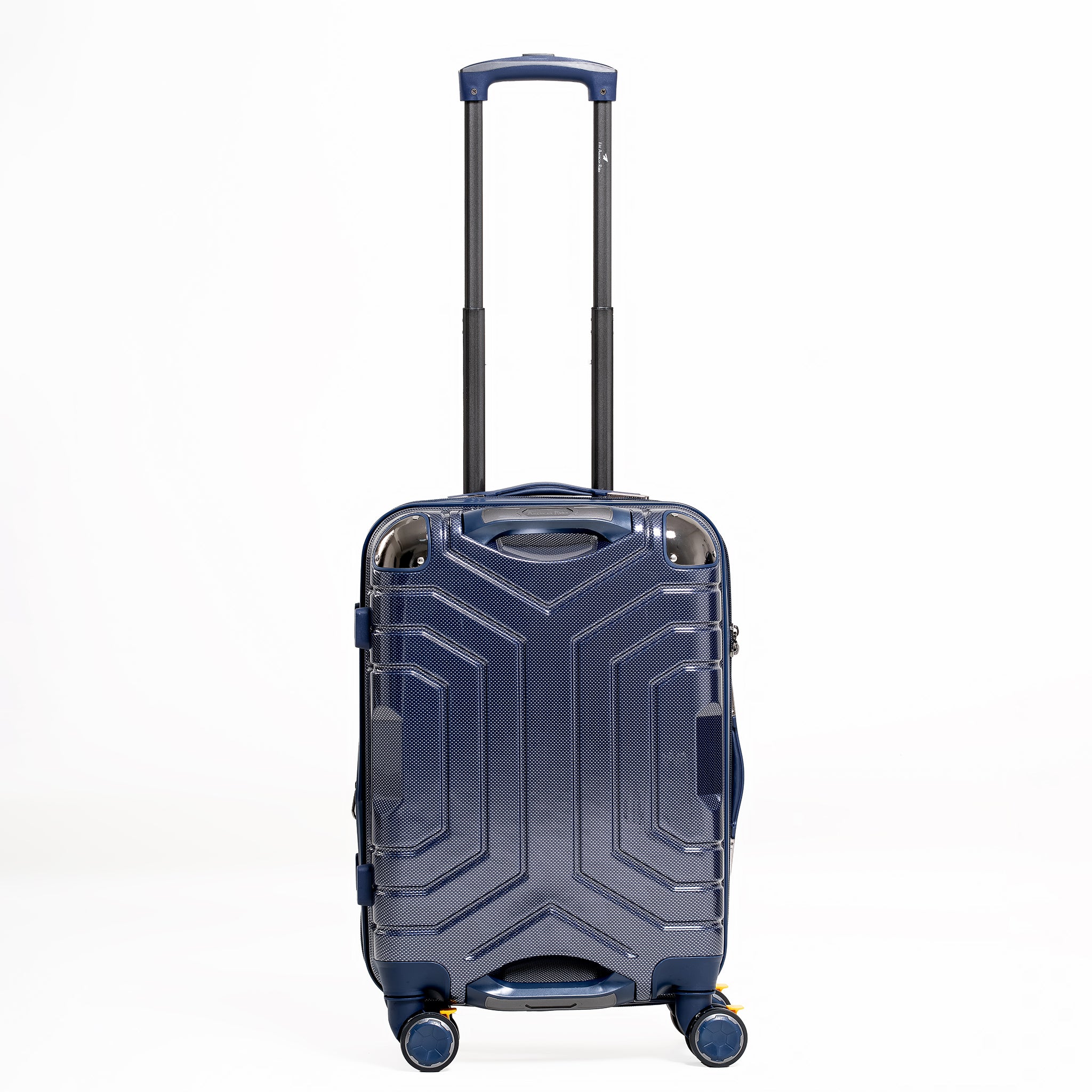 Blue suitcase with geometric design on a white background