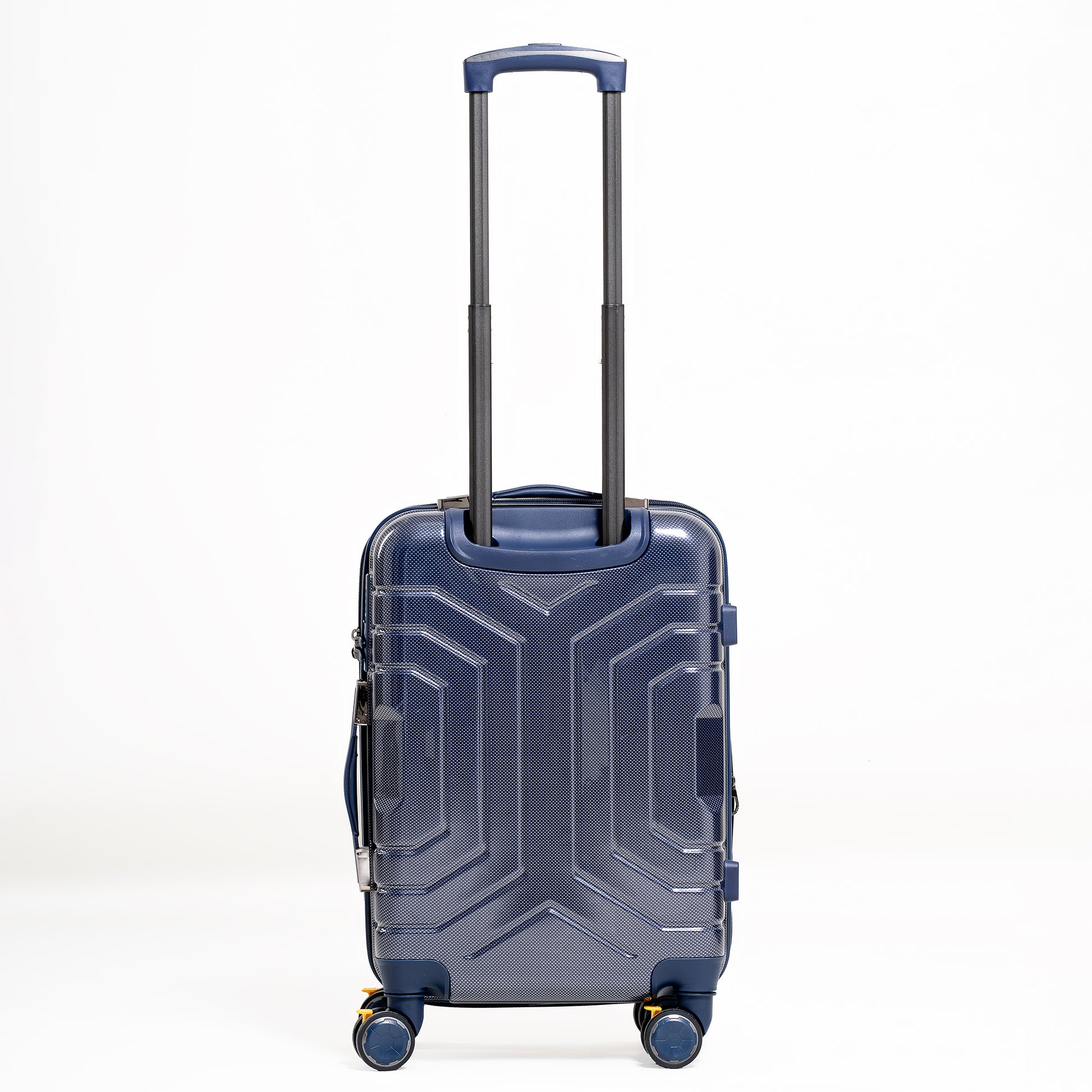 Blue suitcase with geometric design on a white background