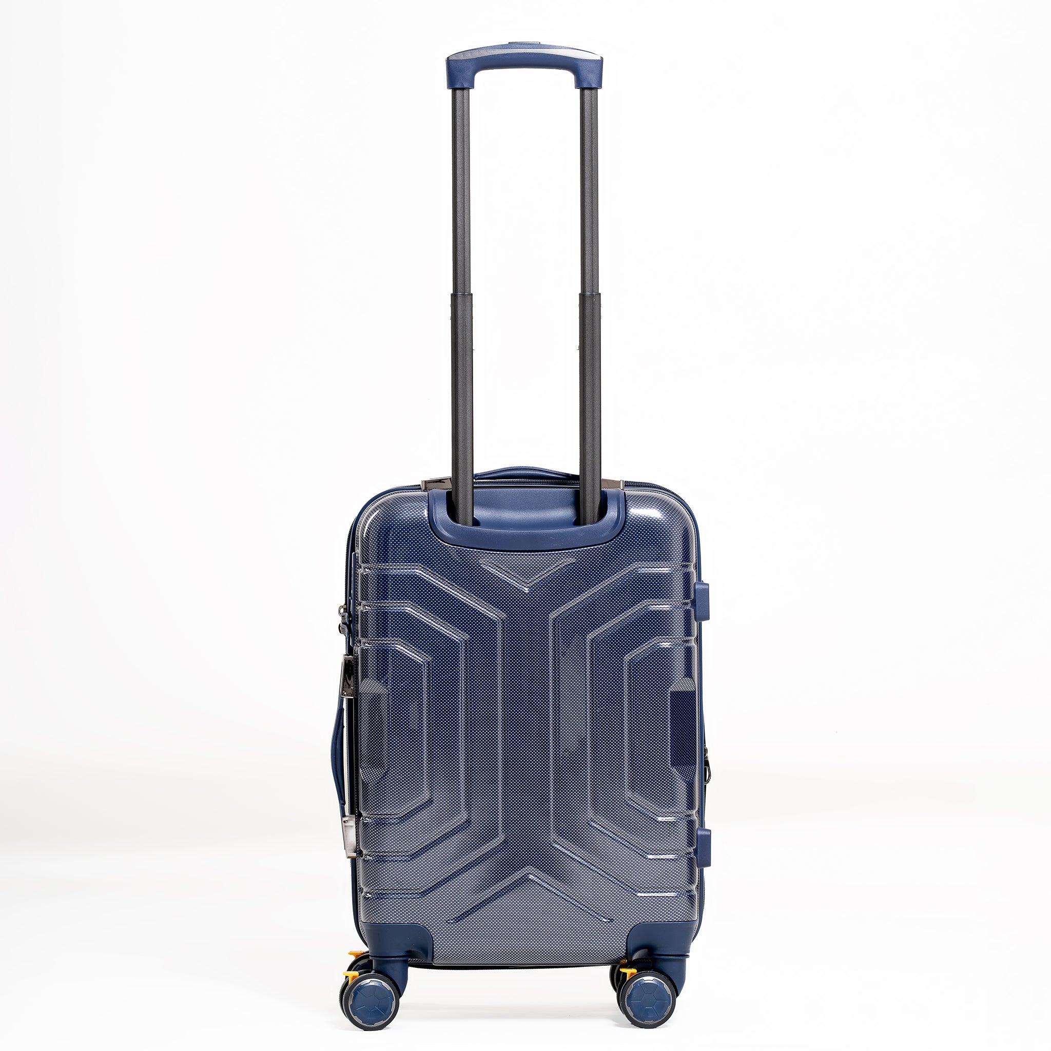 Blue suitcase with geometric design on a white background