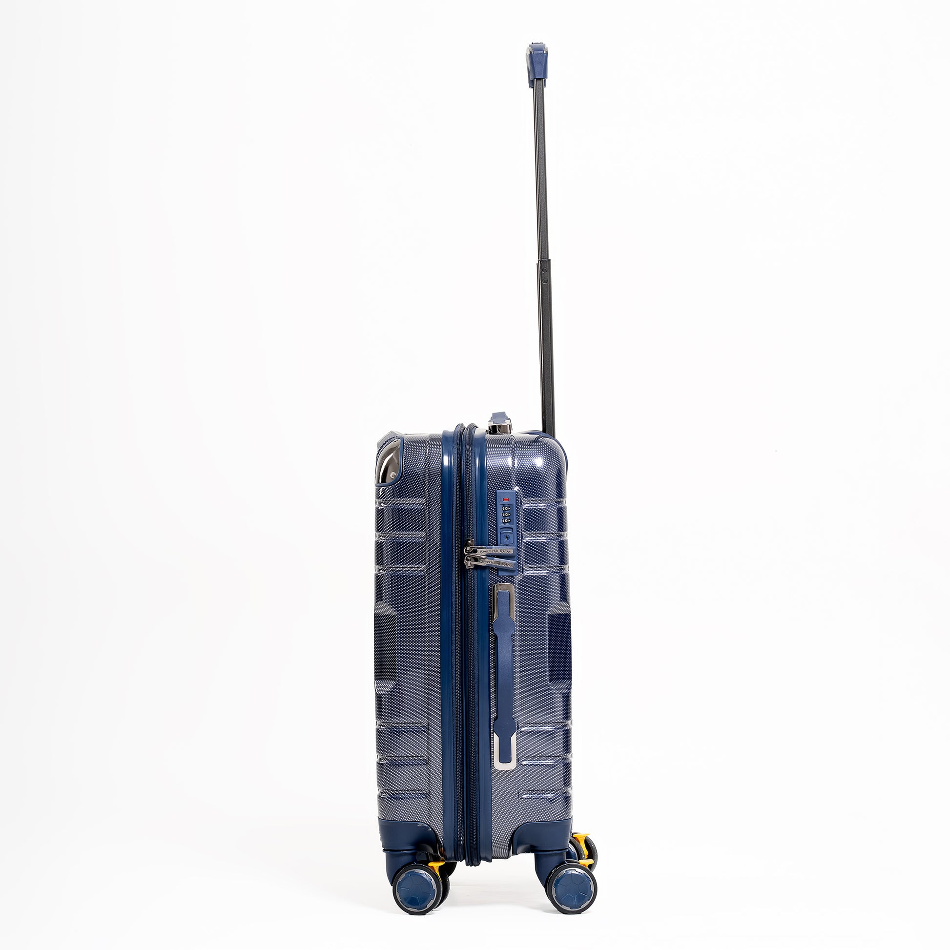 Blue suitcase with wheels and handle on a white background