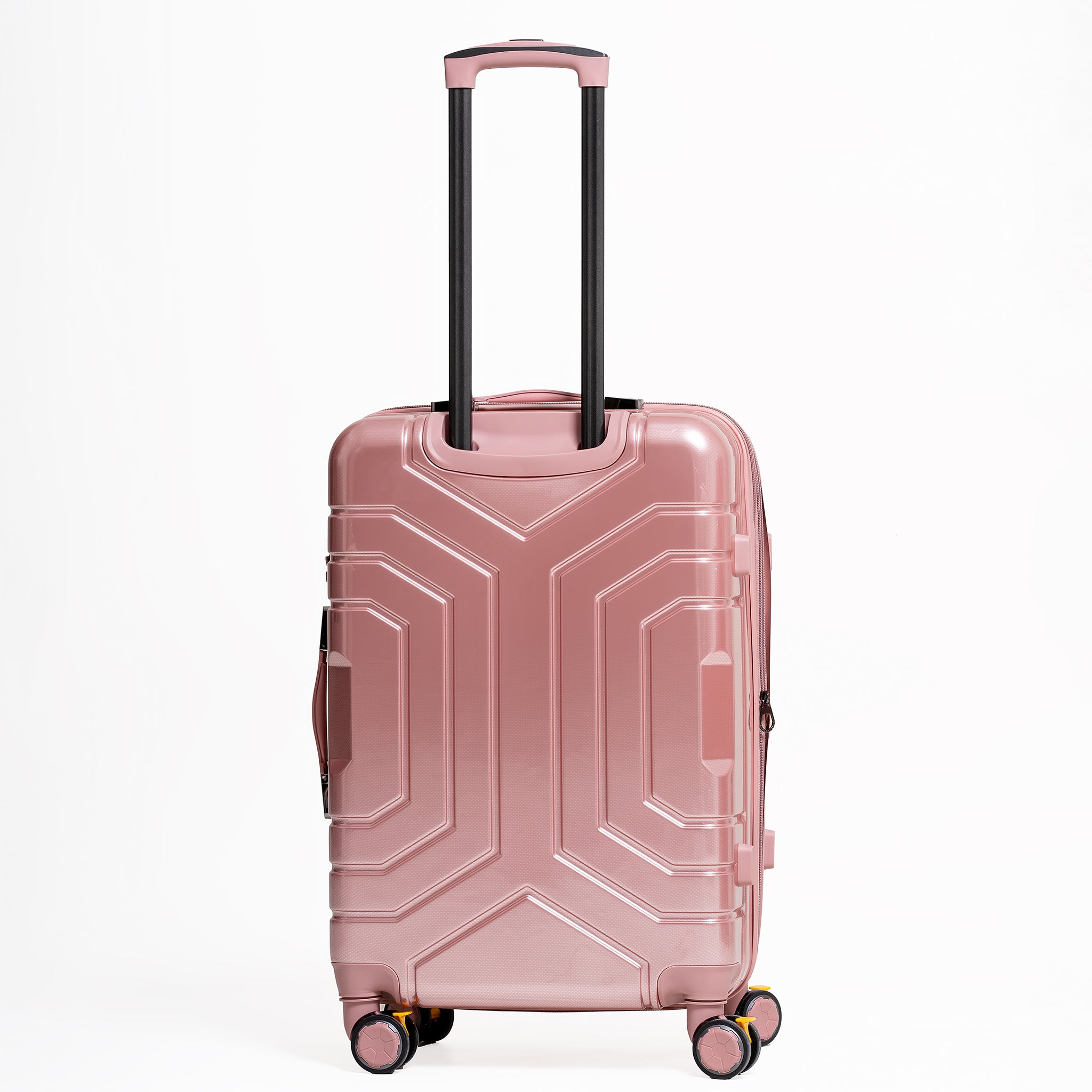 Rose gold suitcase with geometric design on a white background