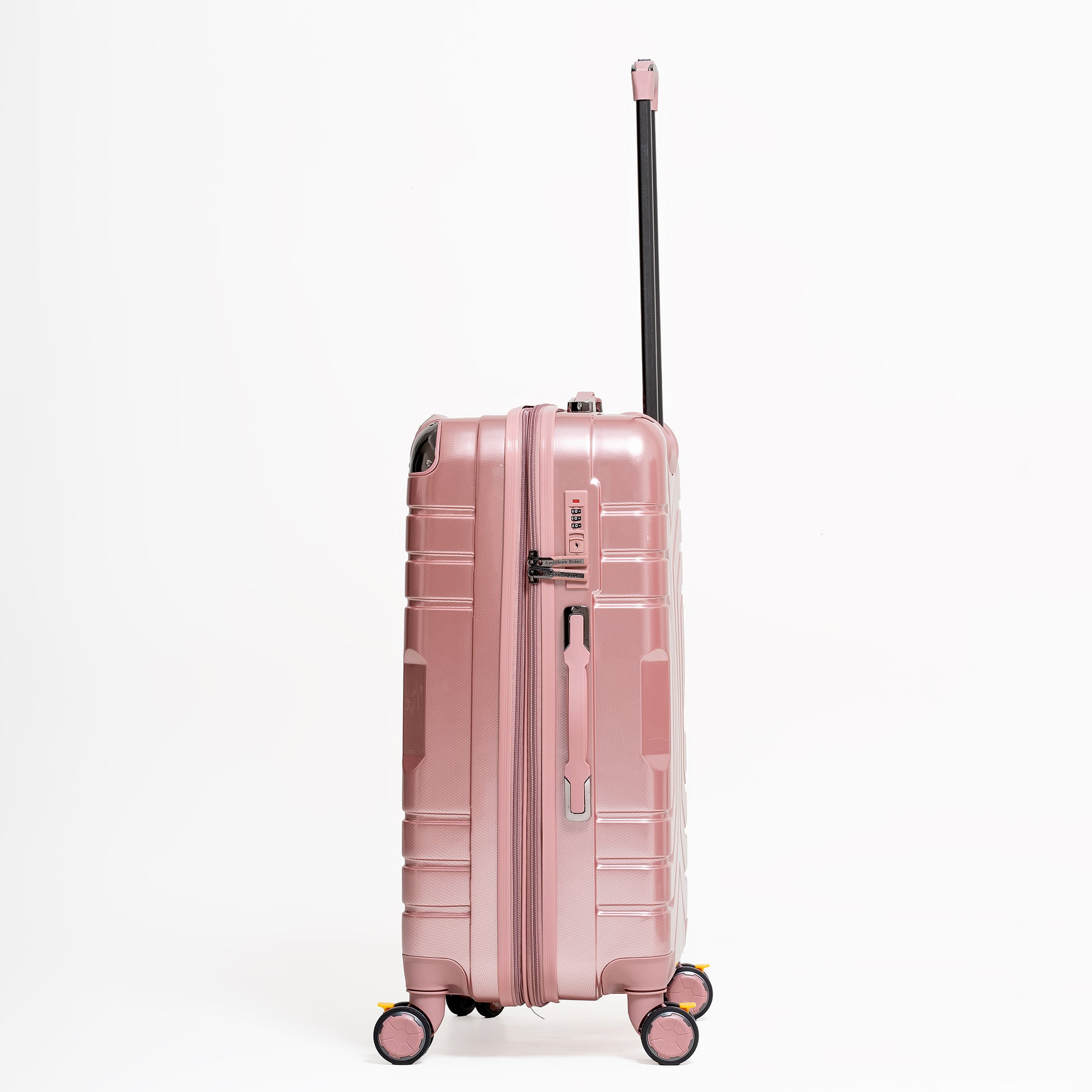 Pink suitcase with a black handle on a white background