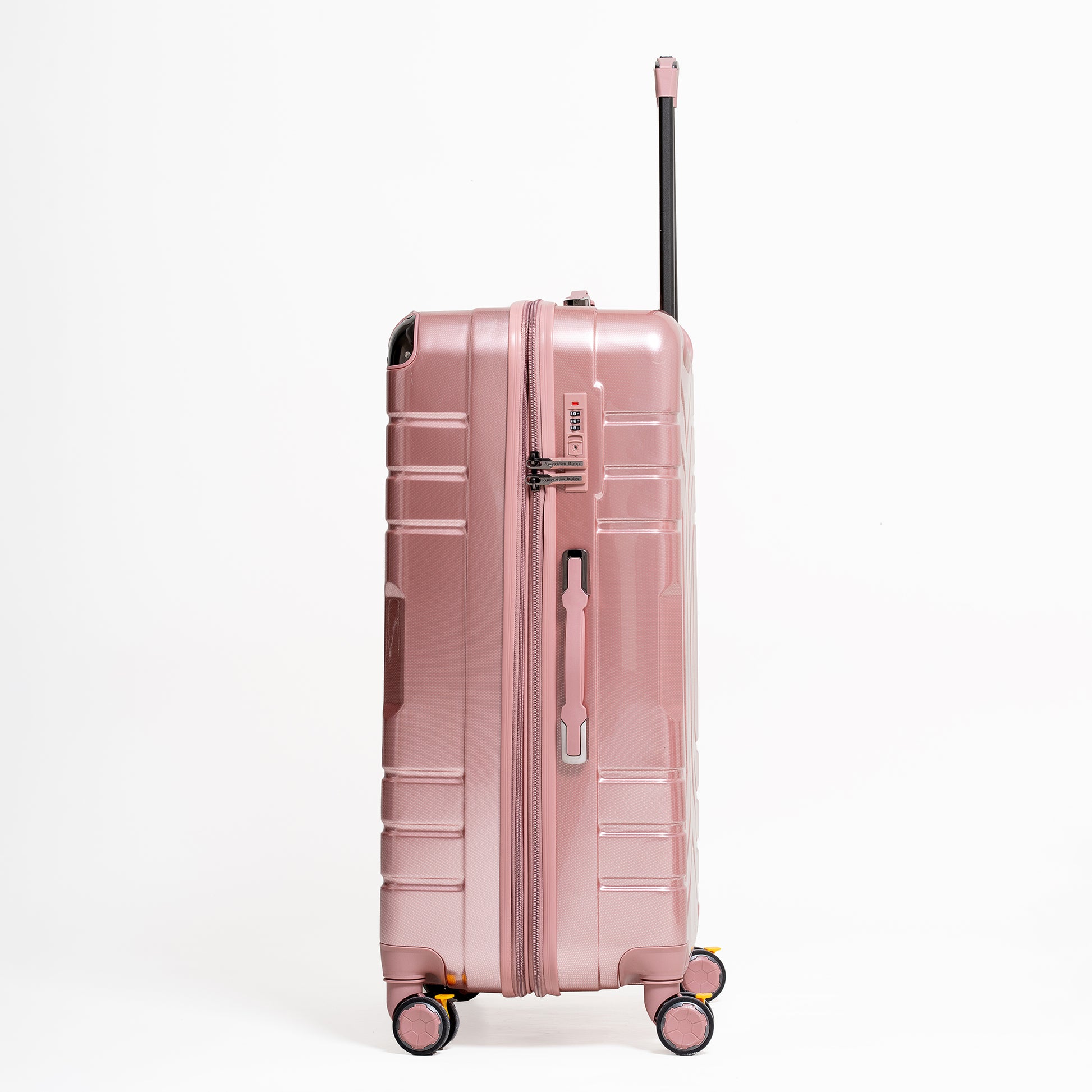 Pink suitcase with wheels and handle on a white background