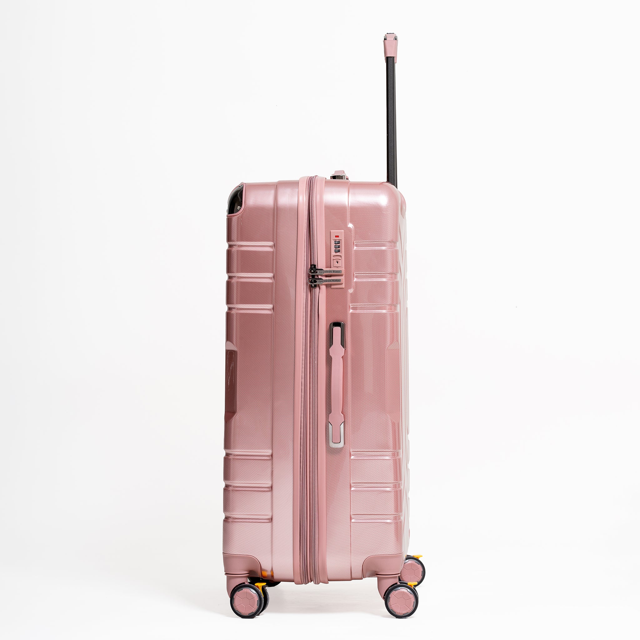 Pink suitcase with wheels and handle on a white background