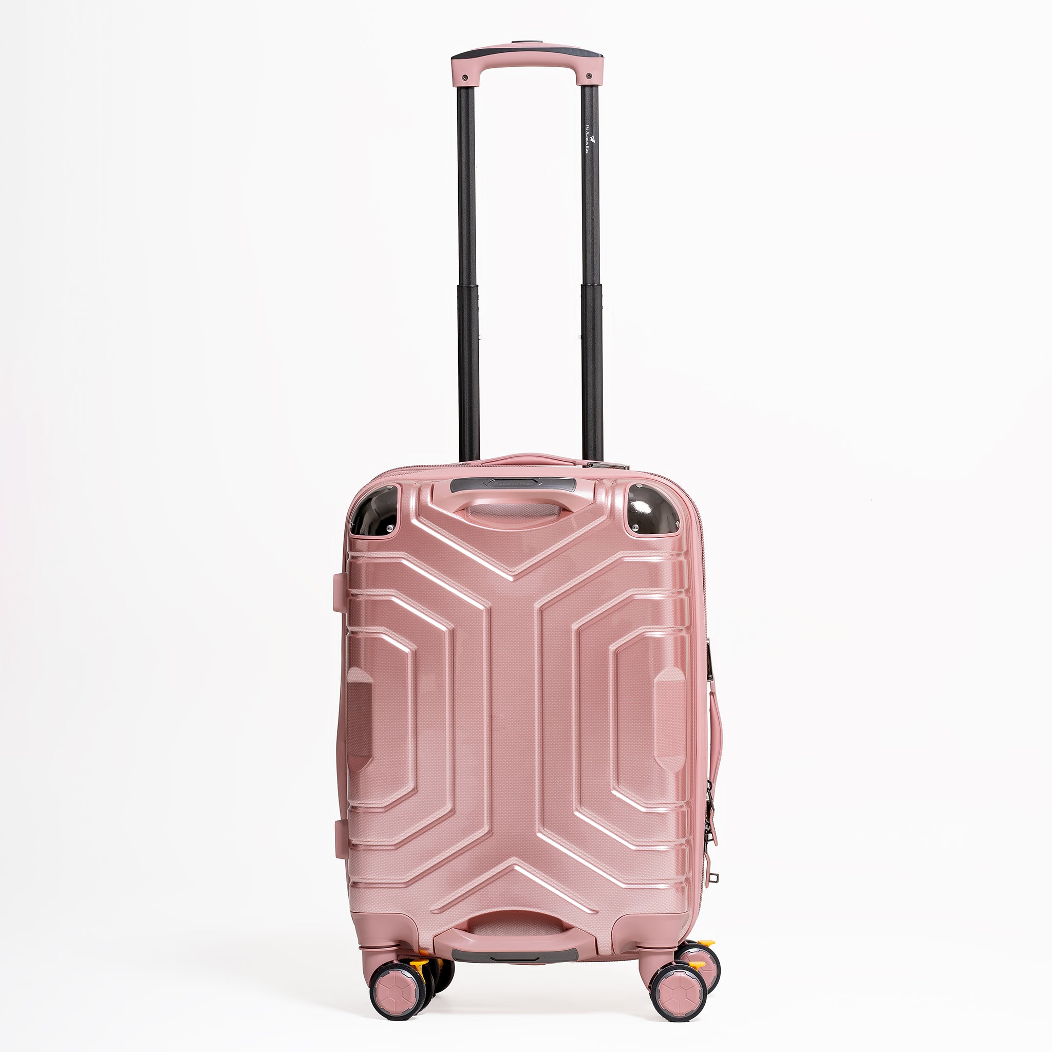 Pink suitcase with geometric design on a white background