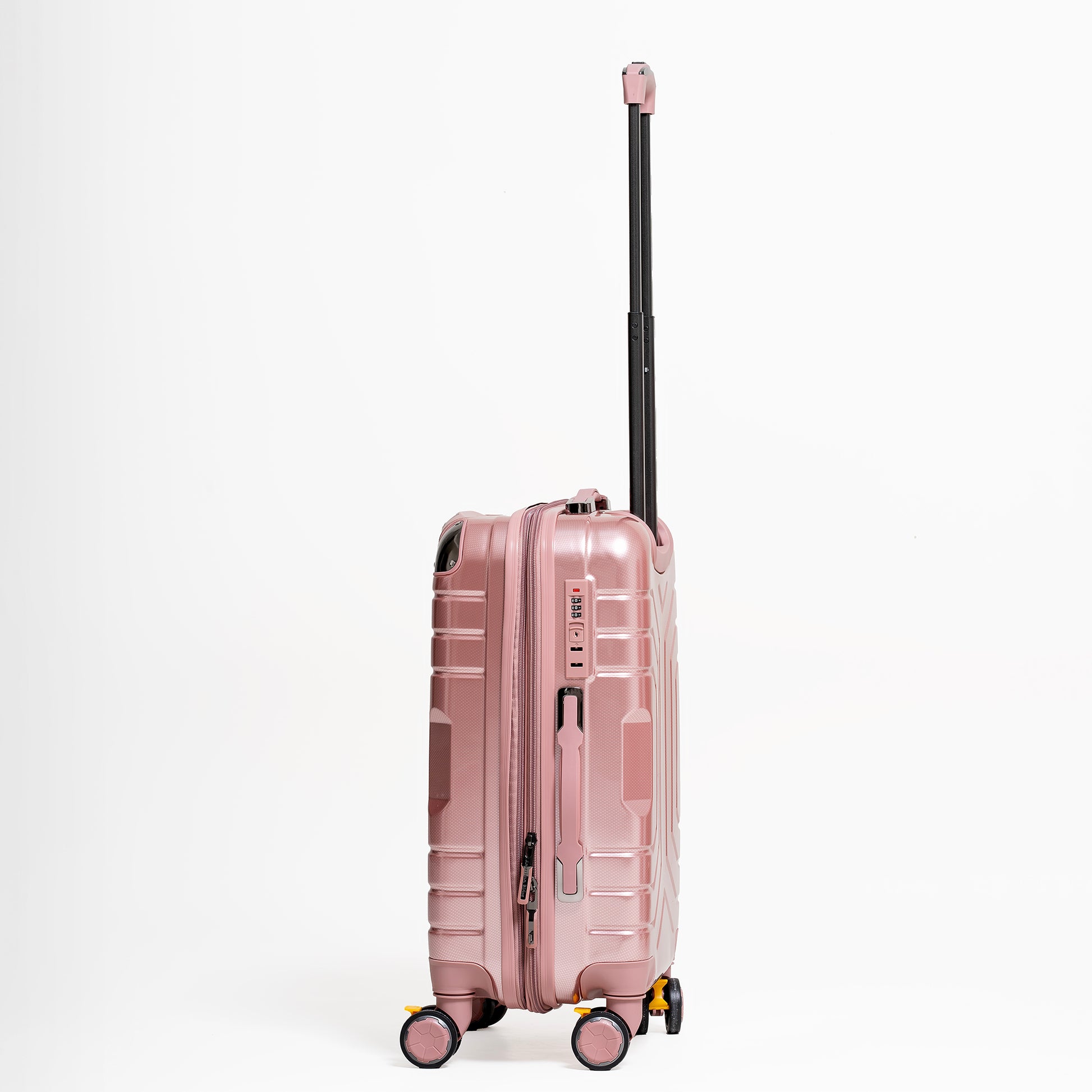 Rose gold suitcase with a black handle on a white background