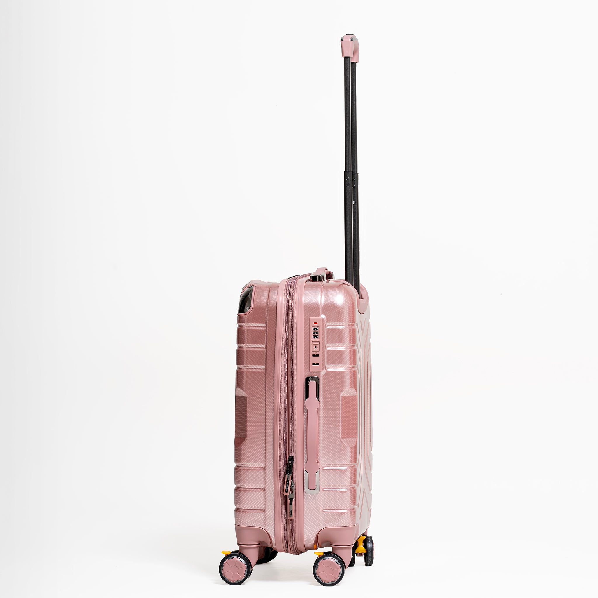 Rose gold suitcase with a black handle on a white background