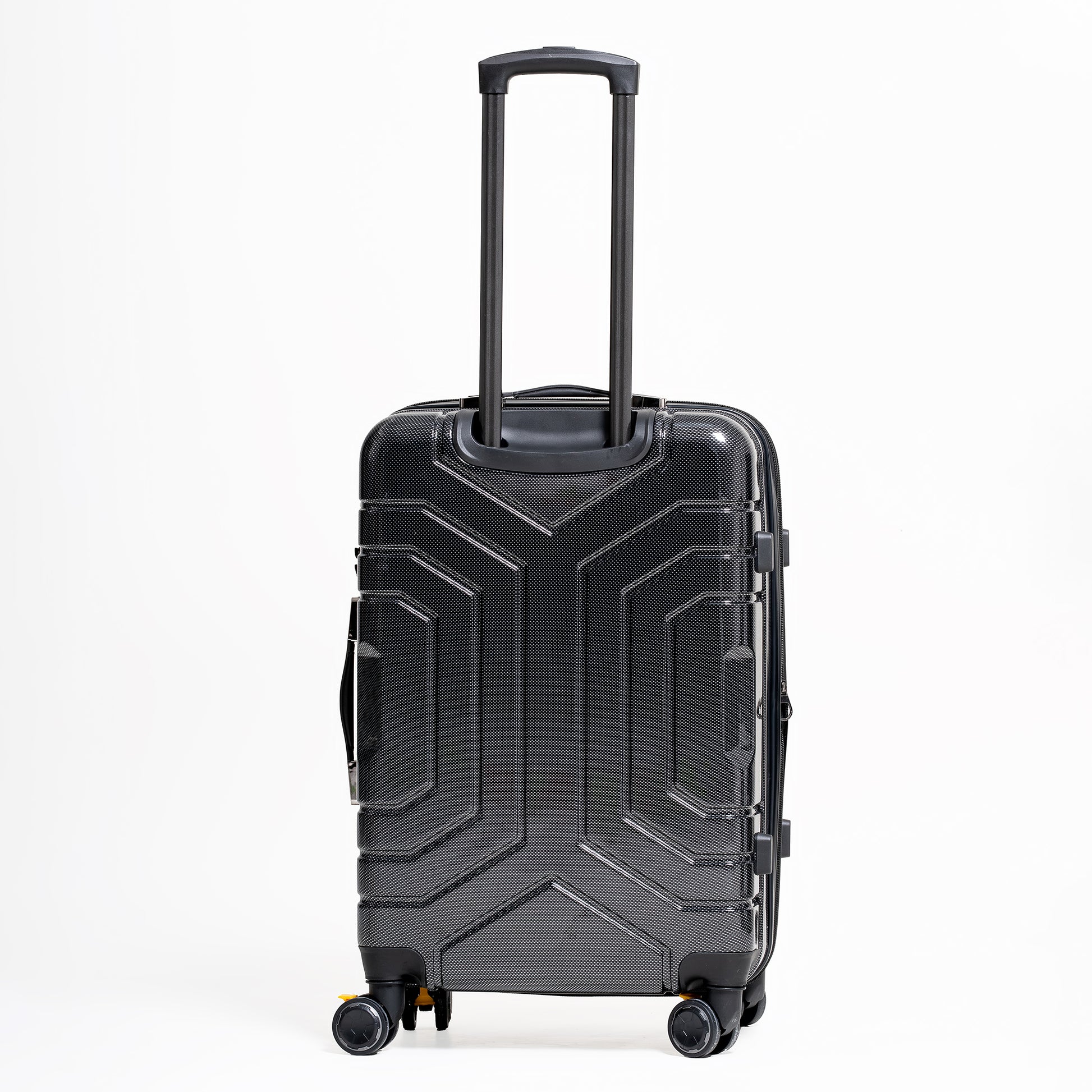 Black suitcase with geometric design on a white background