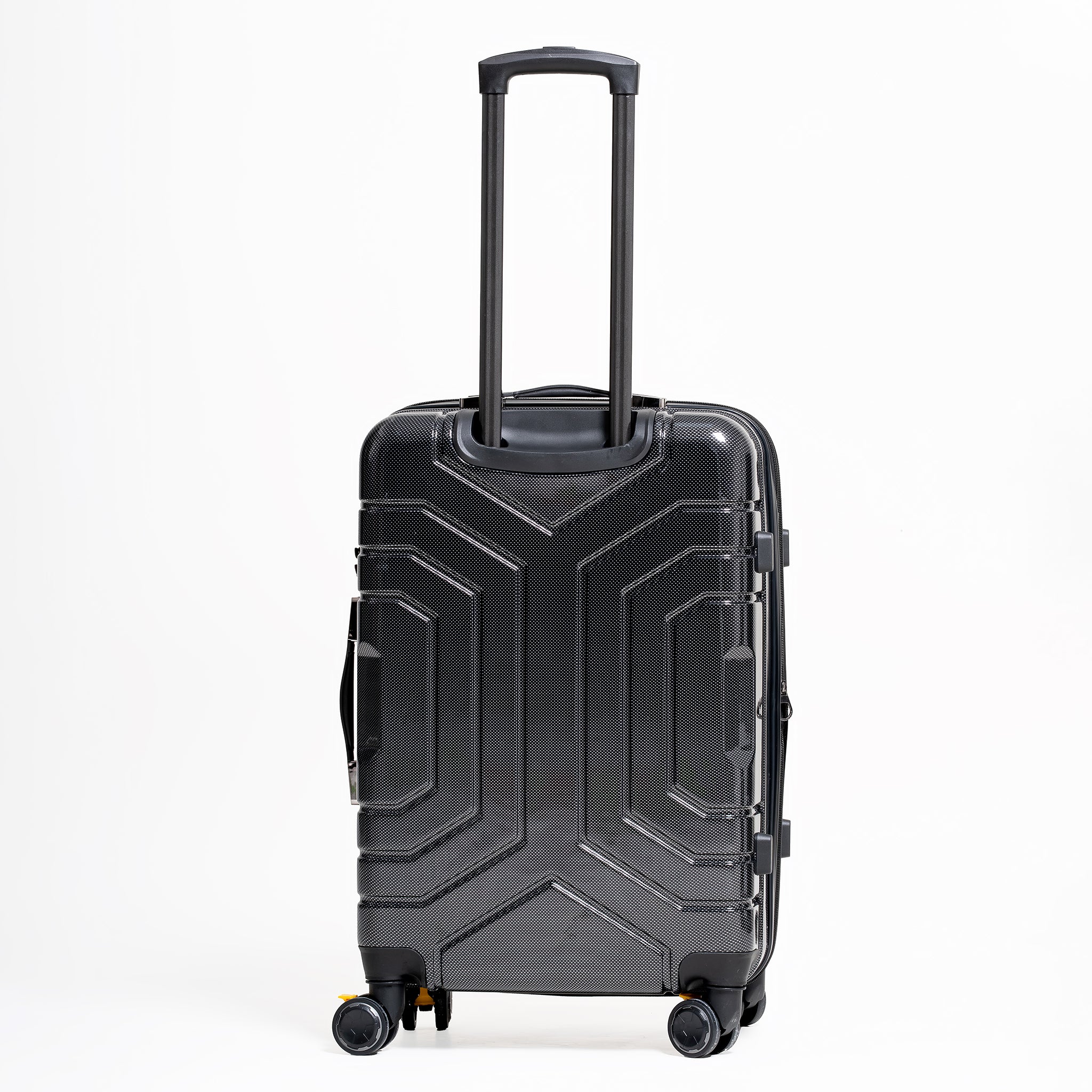 Black suitcase with geometric design on a white background