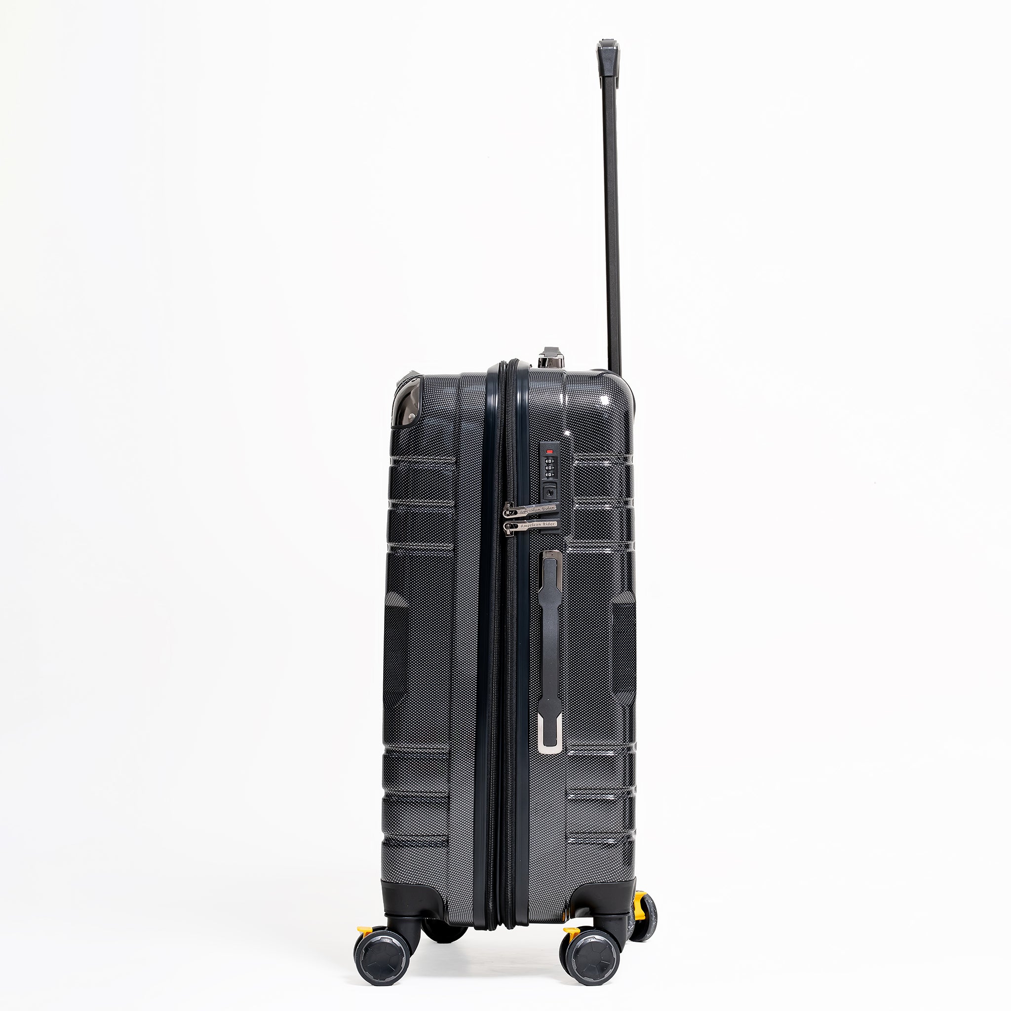 Black suitcase with wheels and handle on a white background