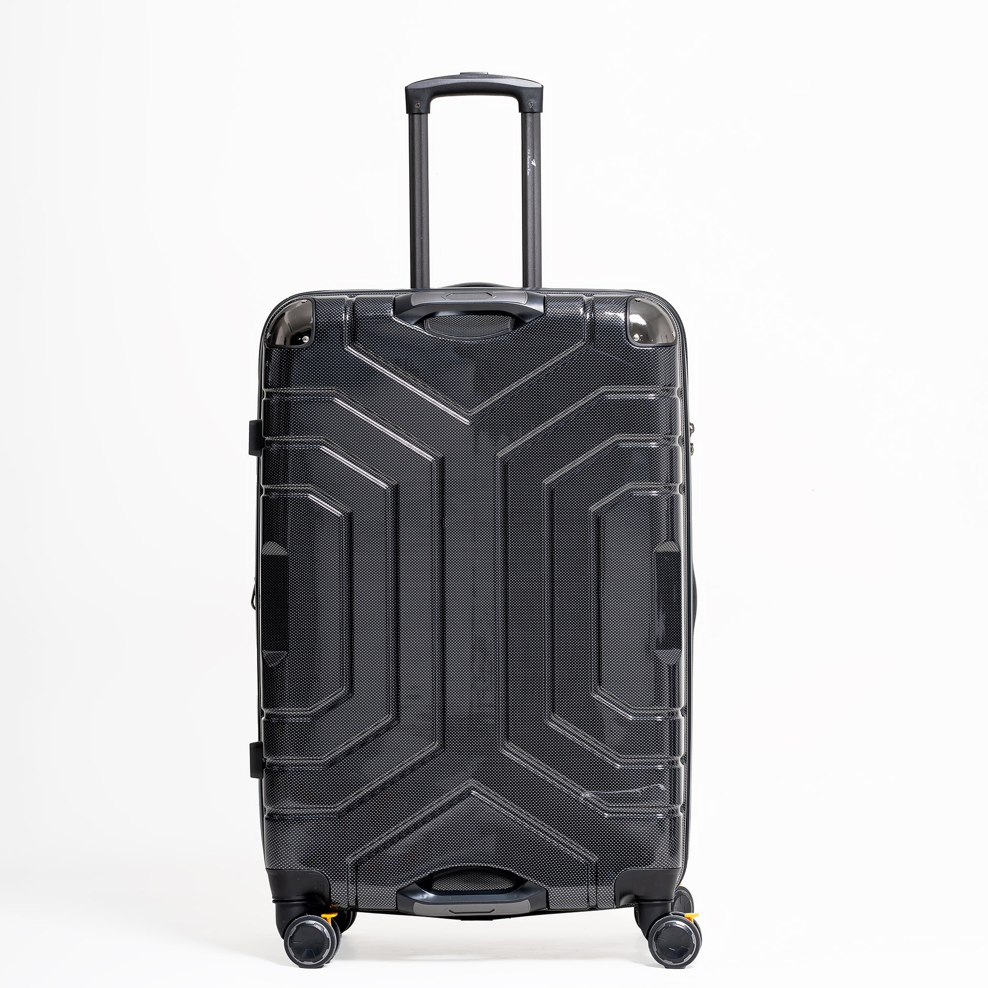 Black suitcase with geometric design on a white background