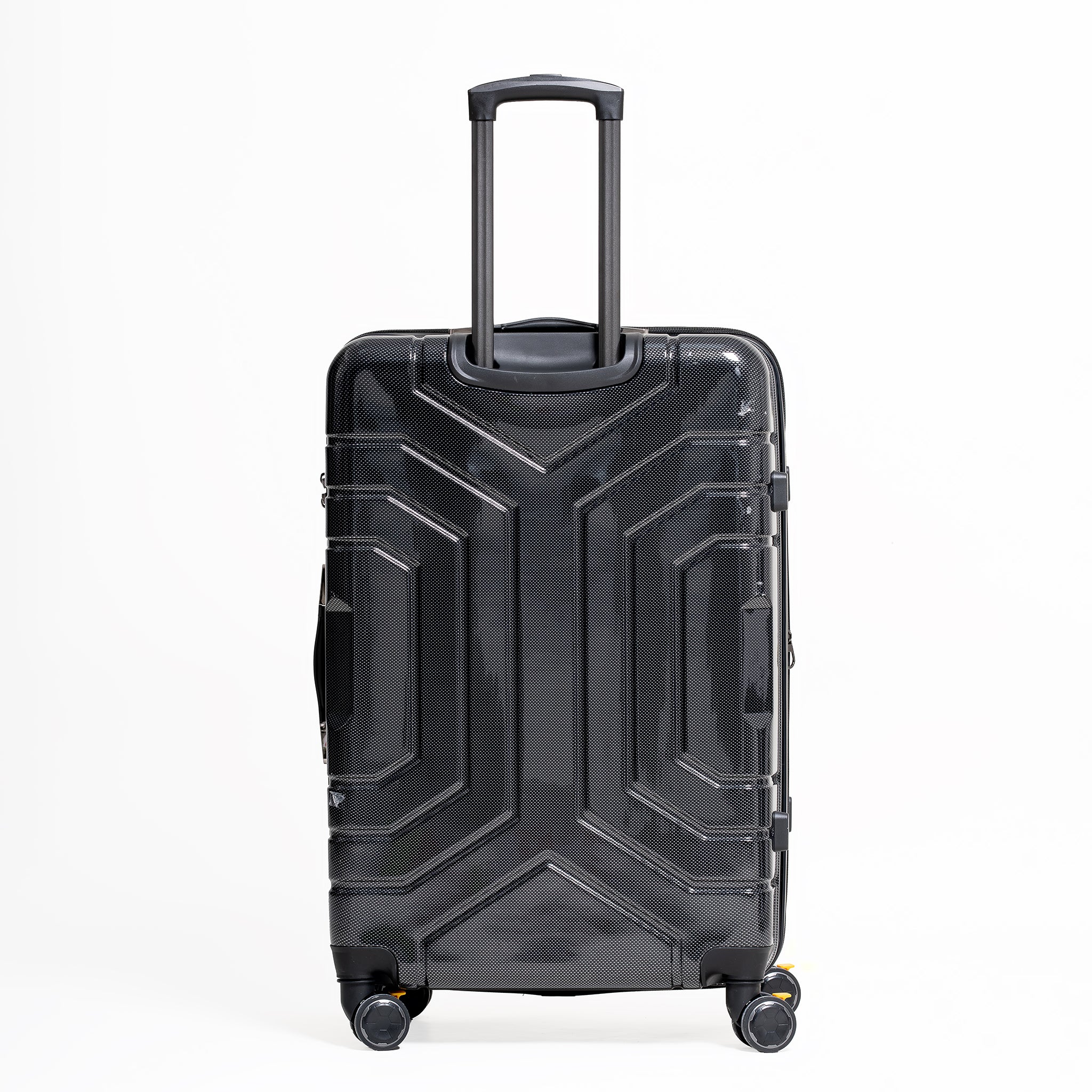 Black suitcase with geometric design on a white background