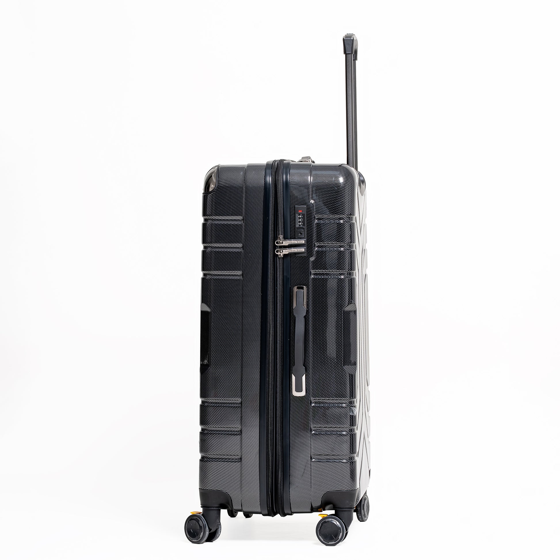 Black suitcase with wheels and handle on a white background