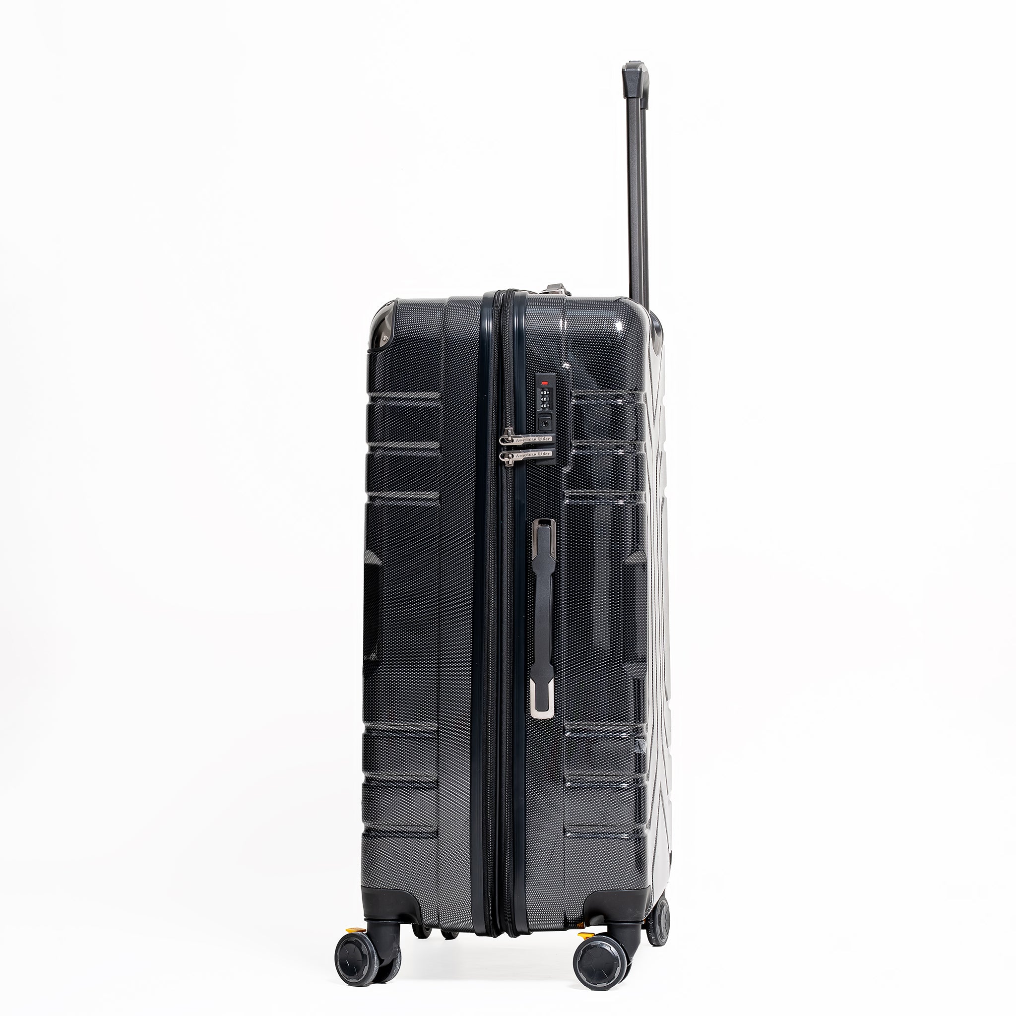 Black suitcase with wheels and handle on a white background