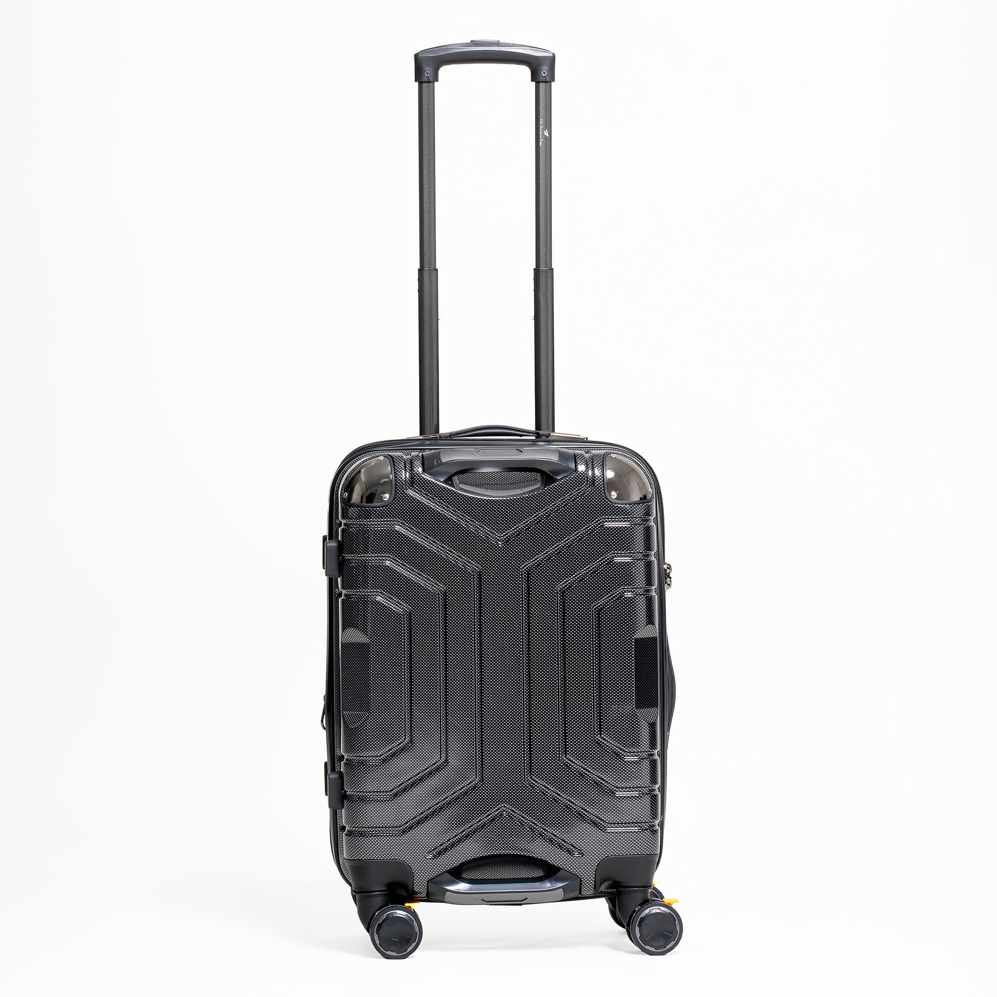 Black suitcase with geometric pattern on a white background