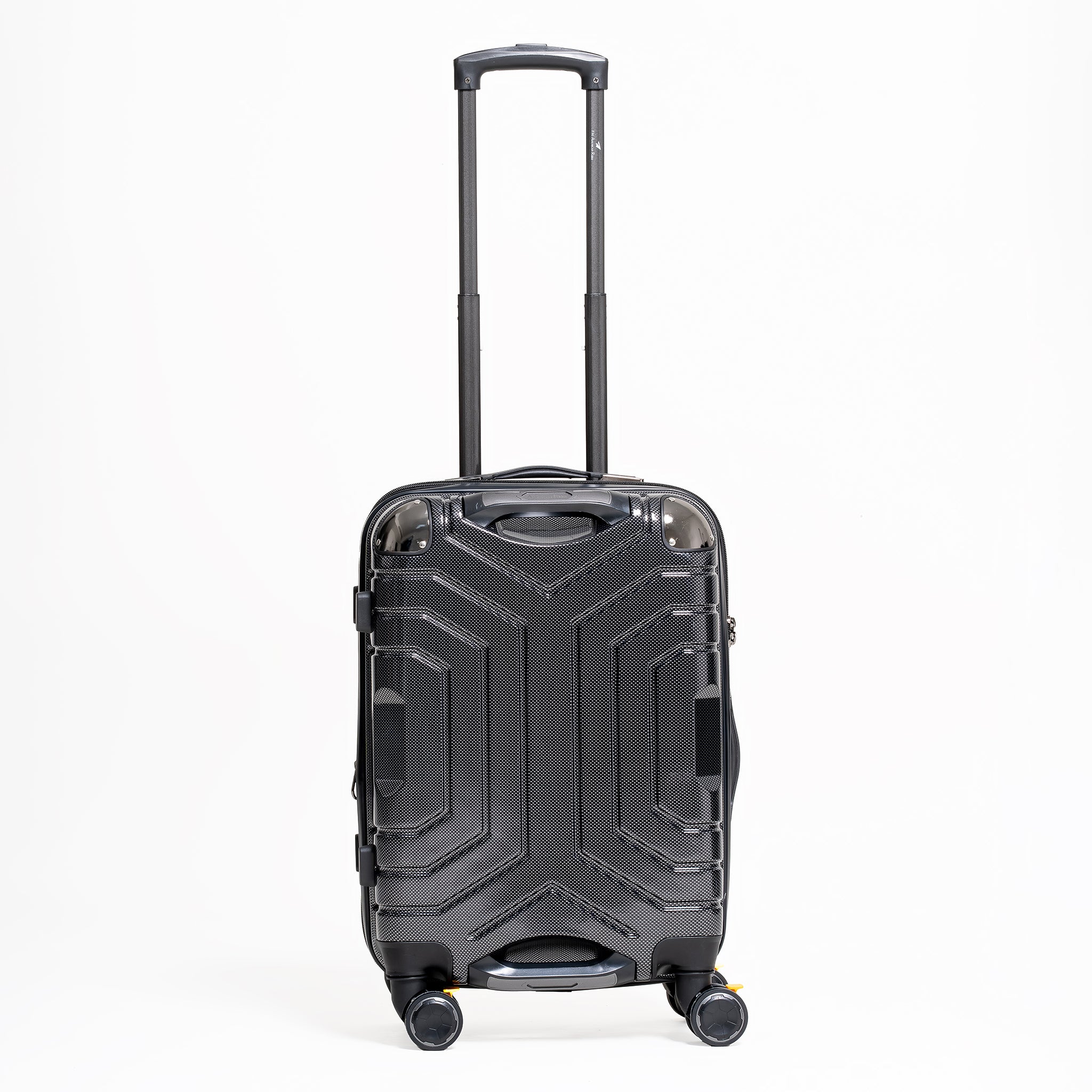 Black suitcase with geometric pattern on a white background