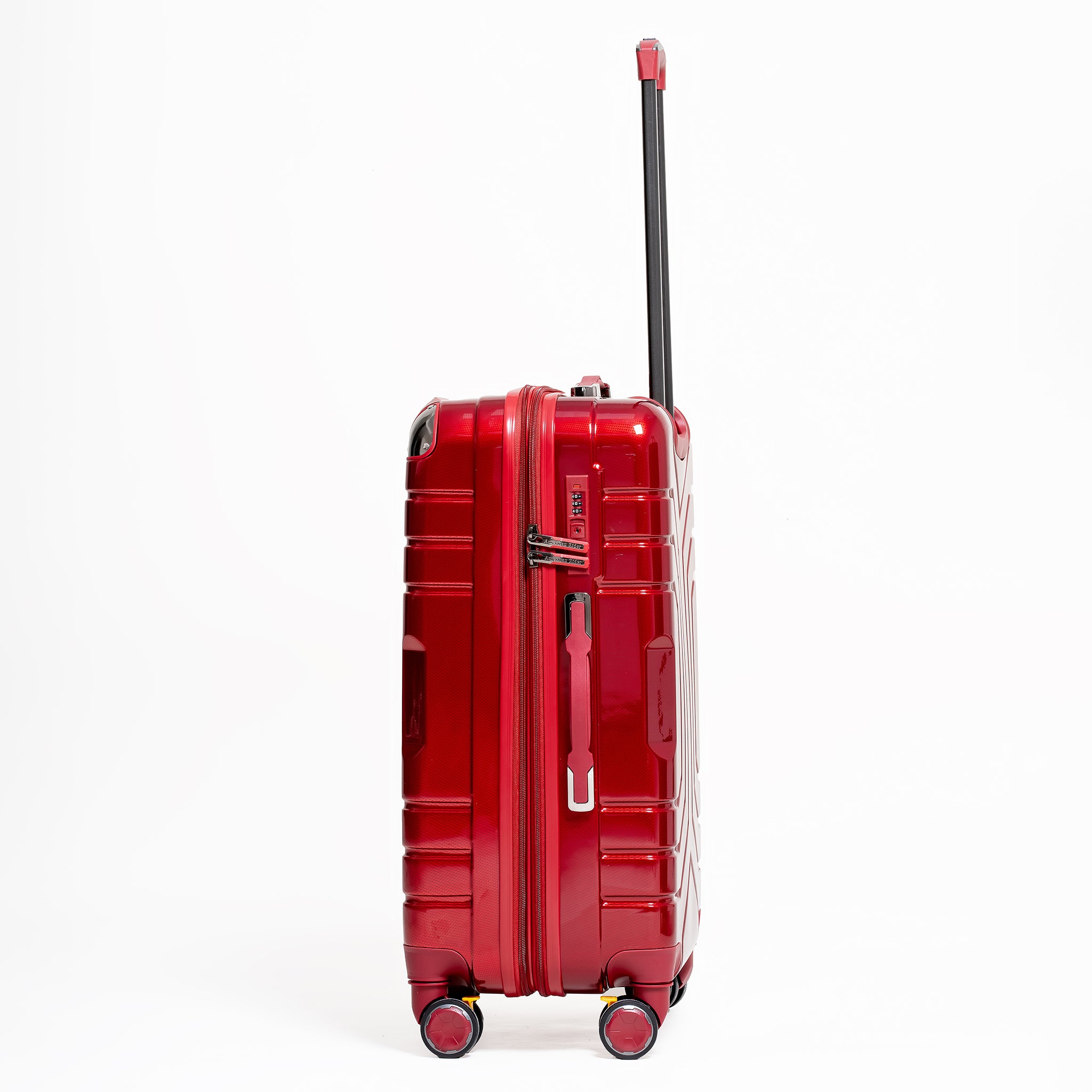 Red suitcase with wheels and handle on a white background