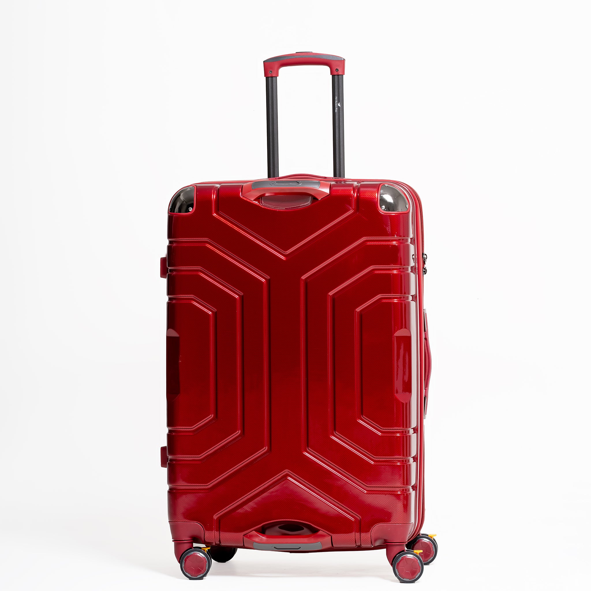 Red suitcase with geometric design on a white background