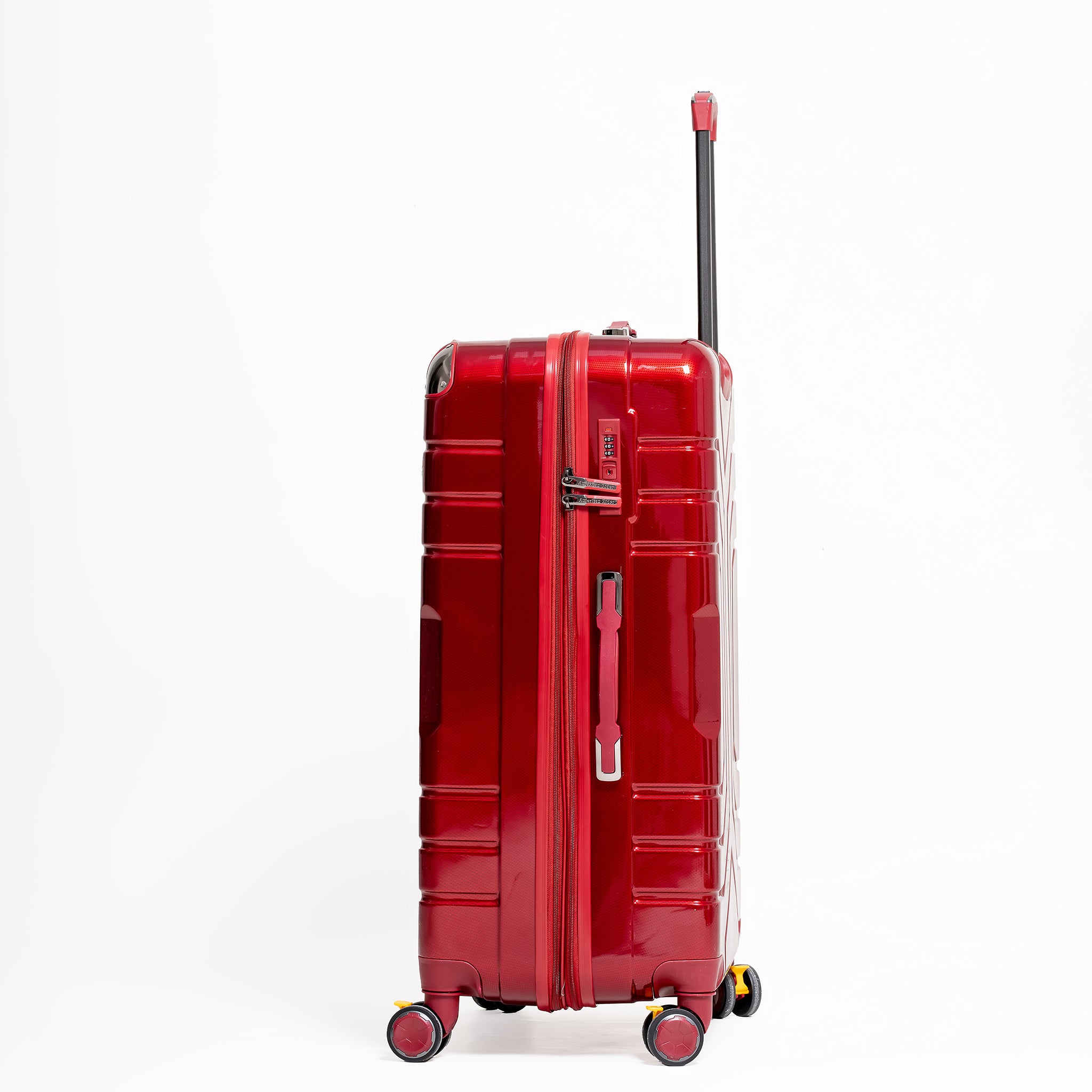 Red suitcase with a clear design on a white background
