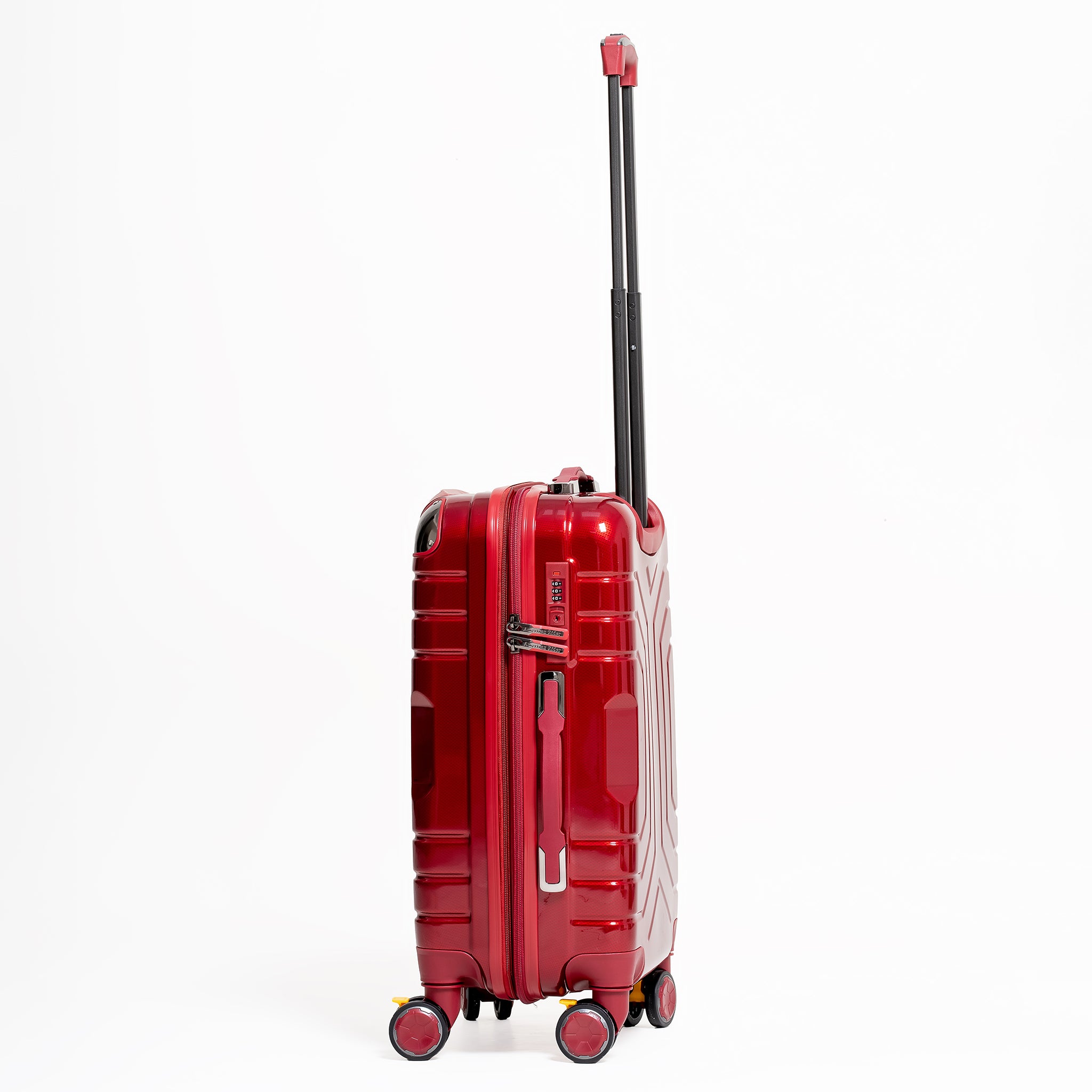 Red suitcase with a black handle on a white background