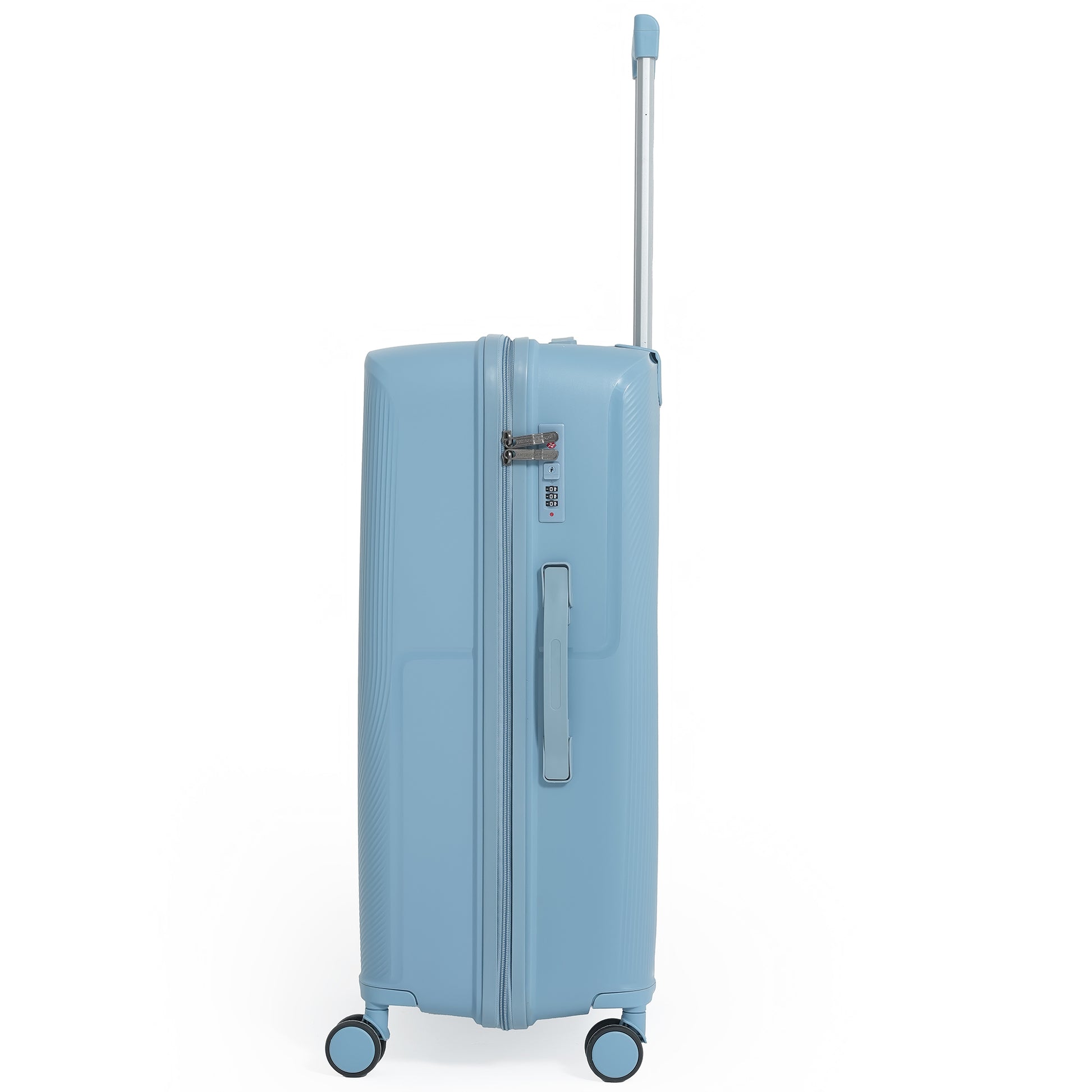 Blue suitcase with a handle on a white background