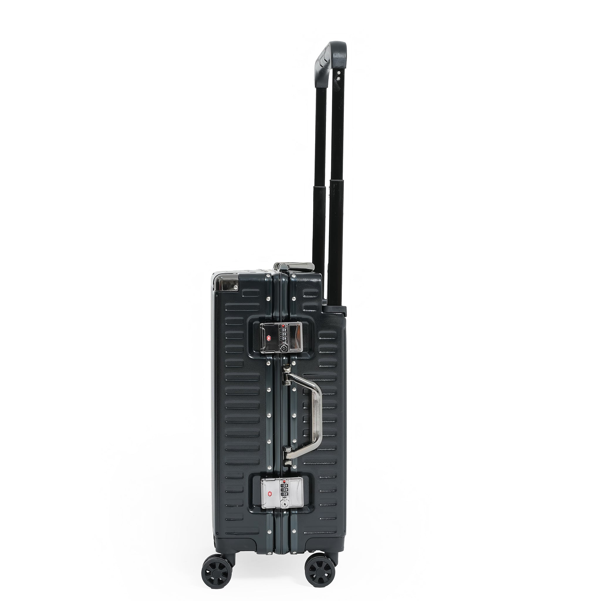 Black suitcase with wheels and handle on a white background
