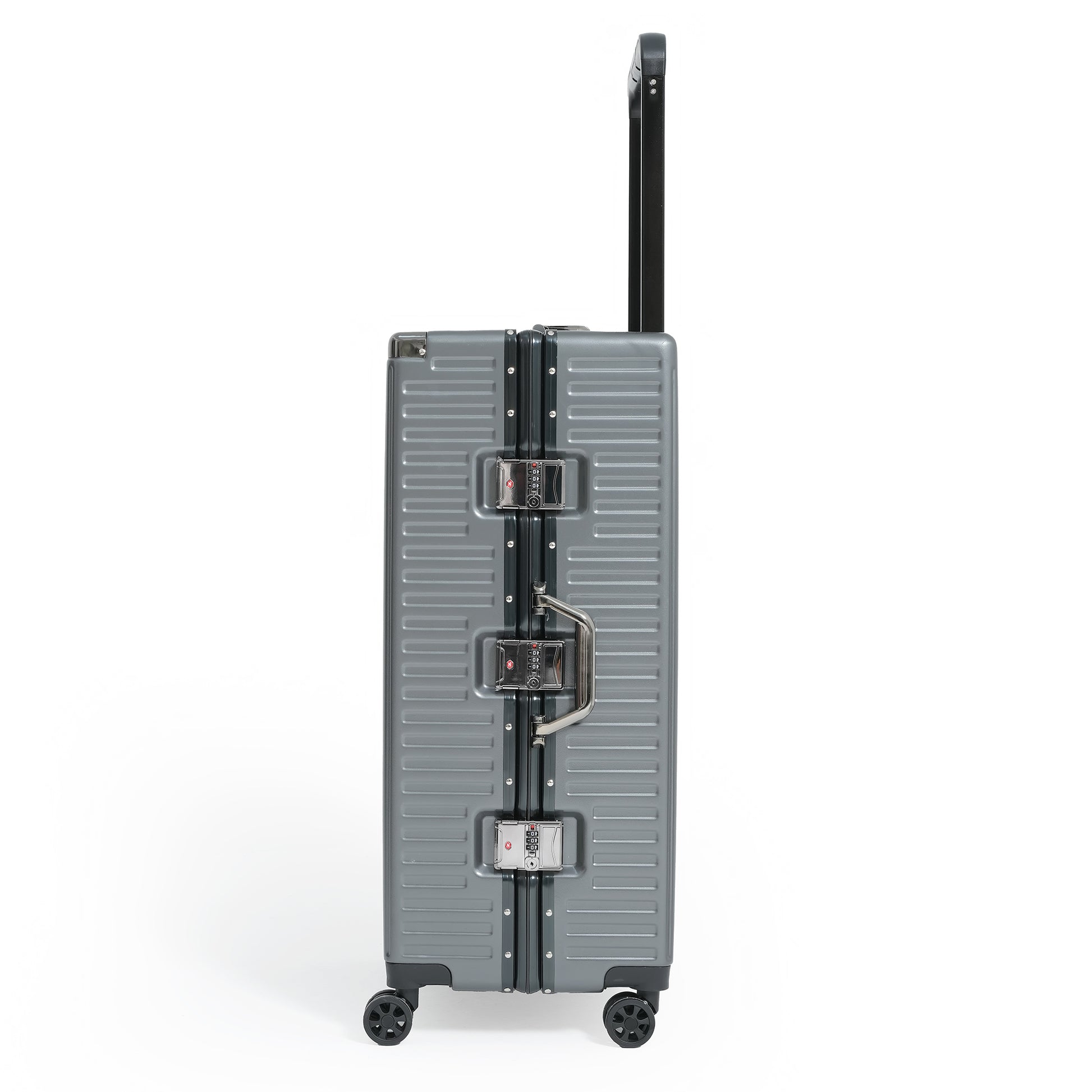 Gray suitcase with black accents on a white background