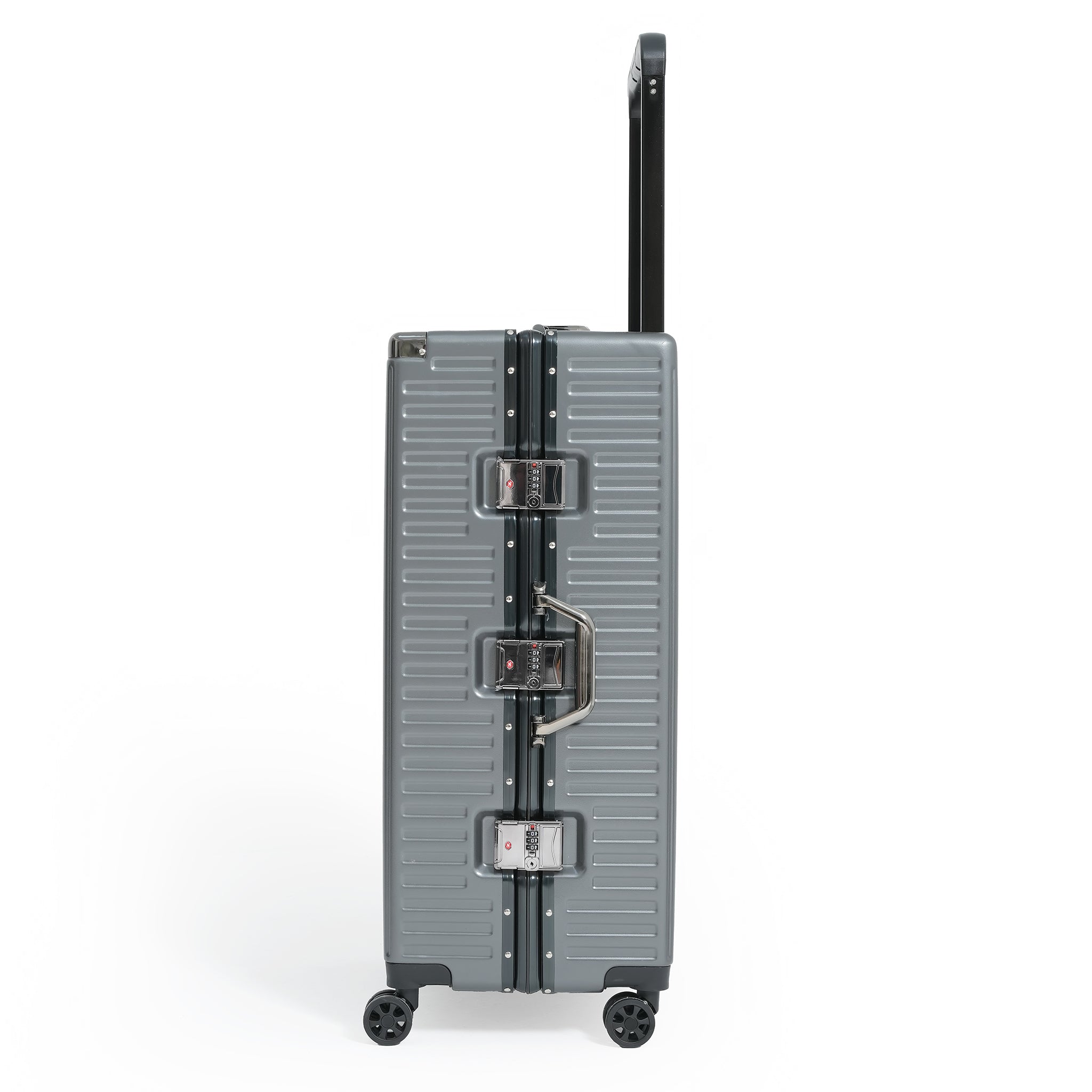Gray suitcase with black accents on a white background