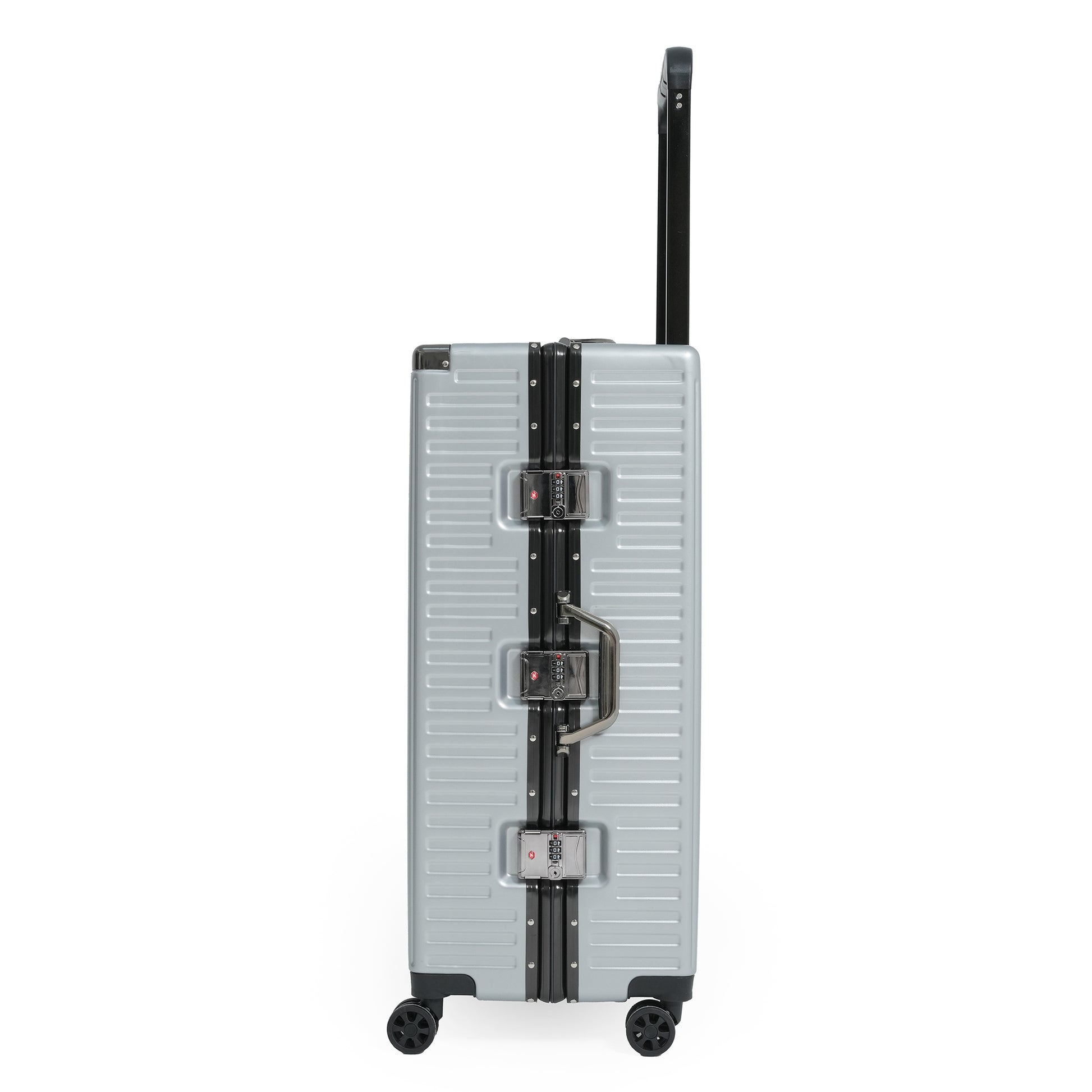 Silver suitcase with black wheels and handle on a white background