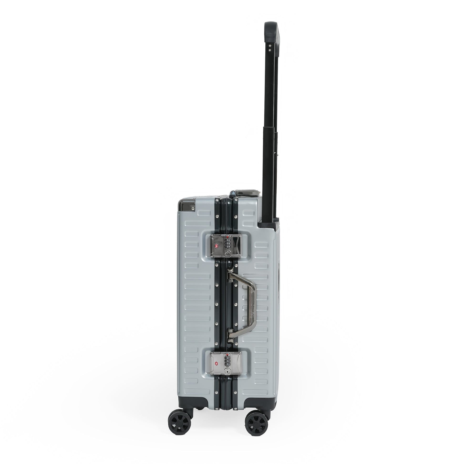 Silver suitcase with black handle and wheels on a white background