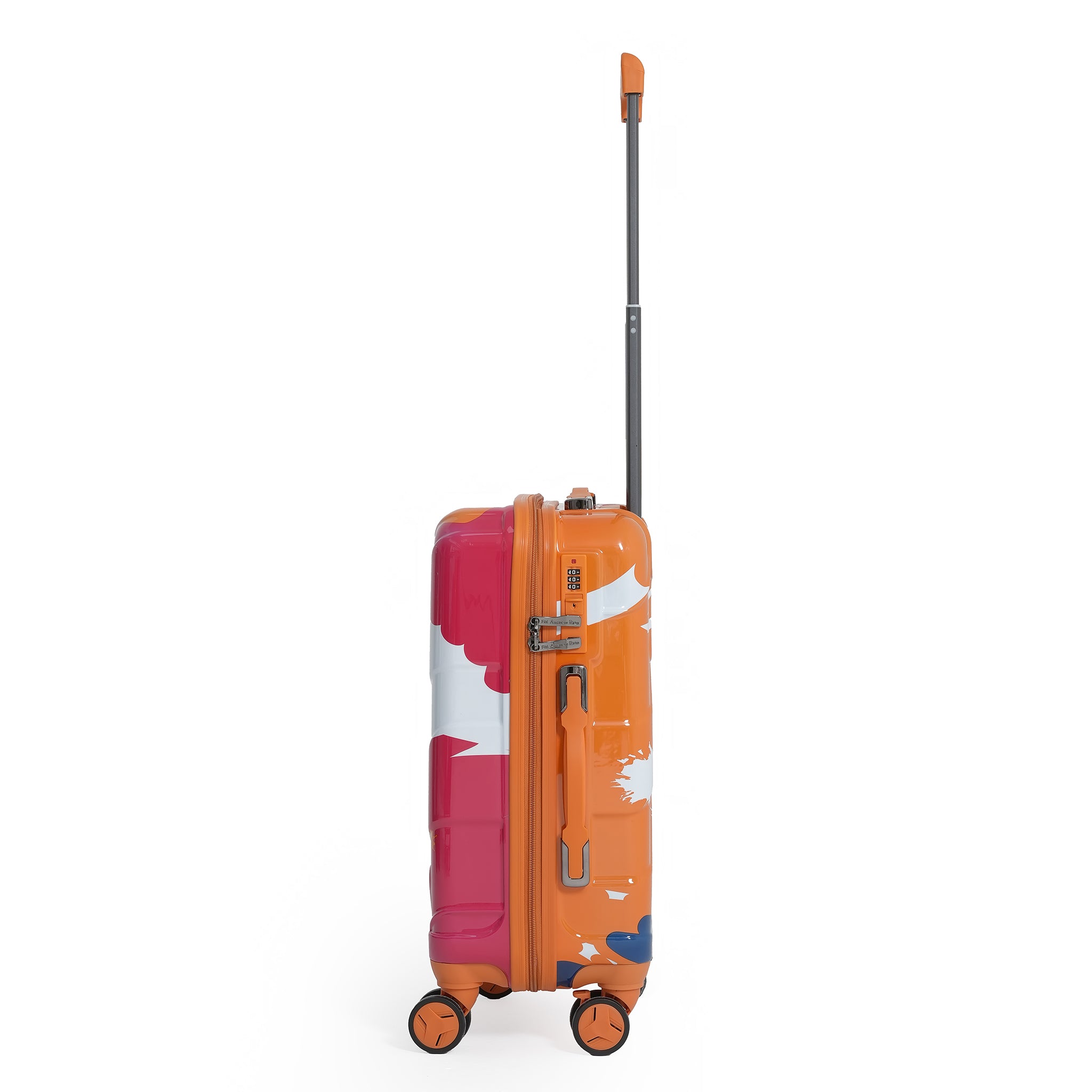 Colorful suitcase with a floral pattern on a white background
