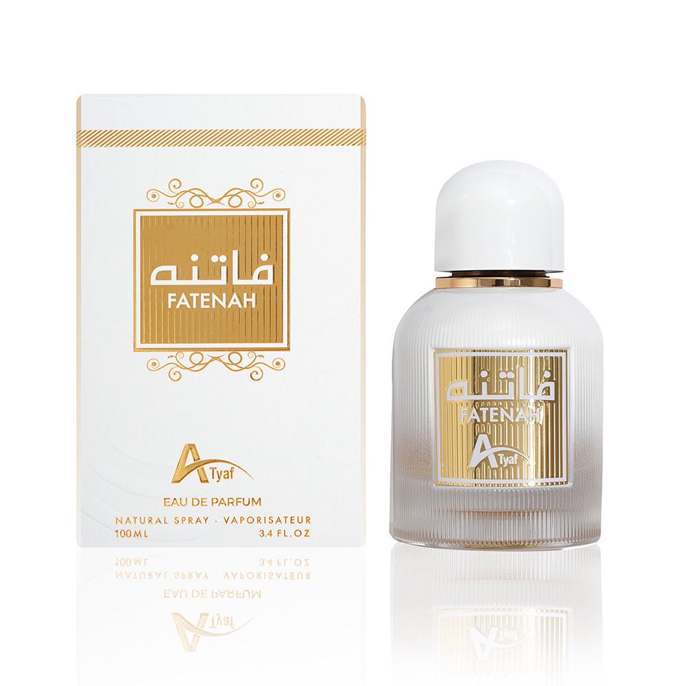 Fatenah perfume bottle and packaging on a white background