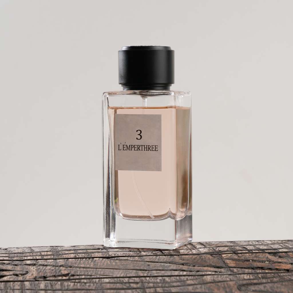 Perfume bottle labeled '3 L'Emperthère' on a wooden surface with a neutral background