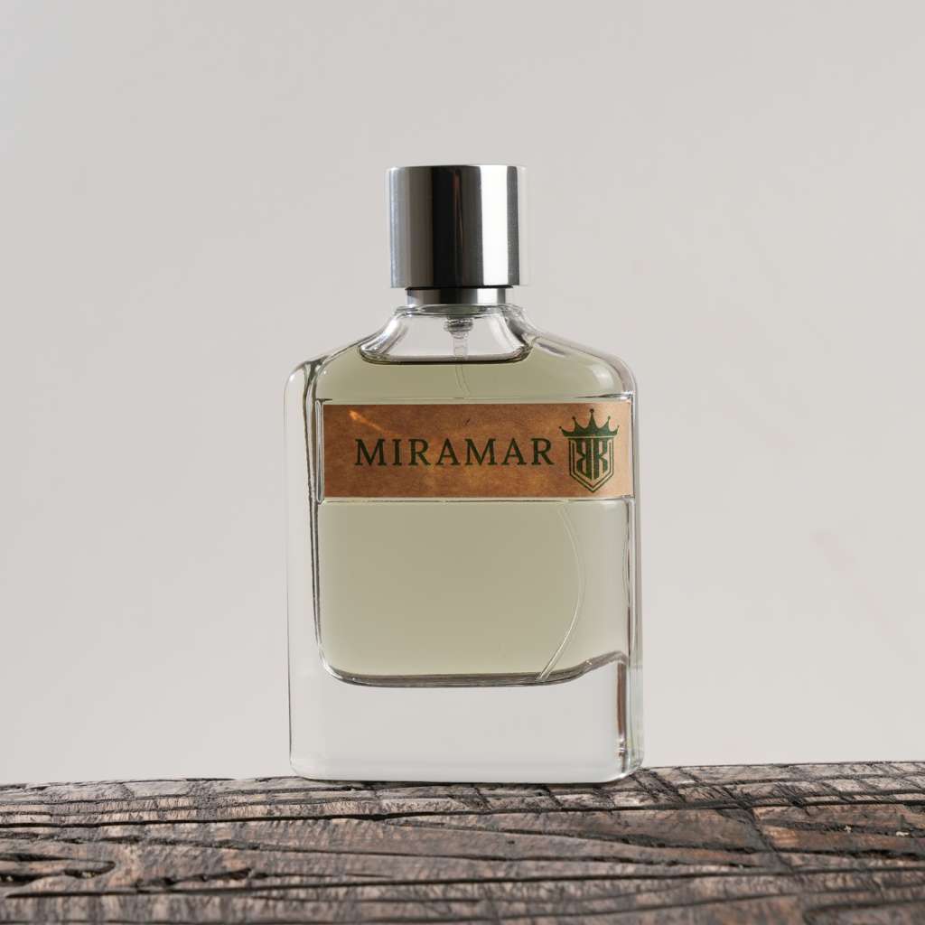 Perfume bottle labeled 'Miramar' on a wooden surface with a neutral background