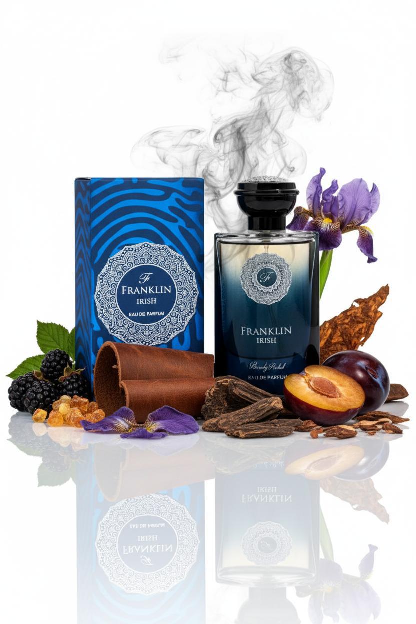 Franklin perfume bottle and packaging with smoke and fruits on a white background