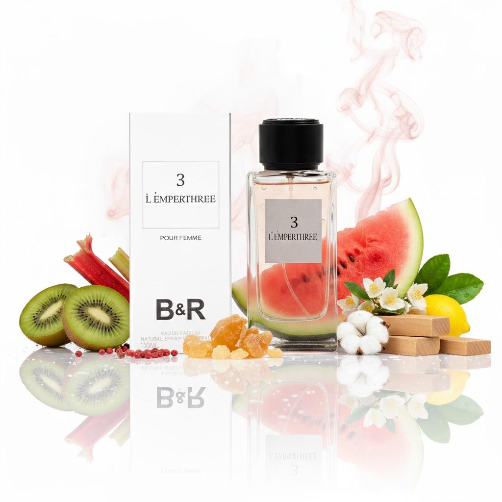 Bottle and packaging of B&R perfume with fruit elements on a white background
