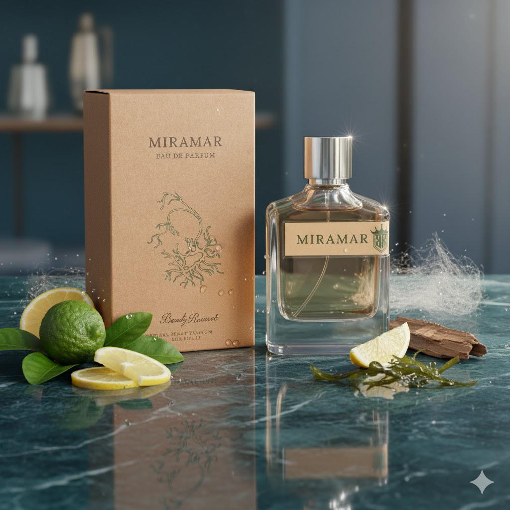Miramar Eau de Parfum bottle and packaging with natural elements on a reflective surface
