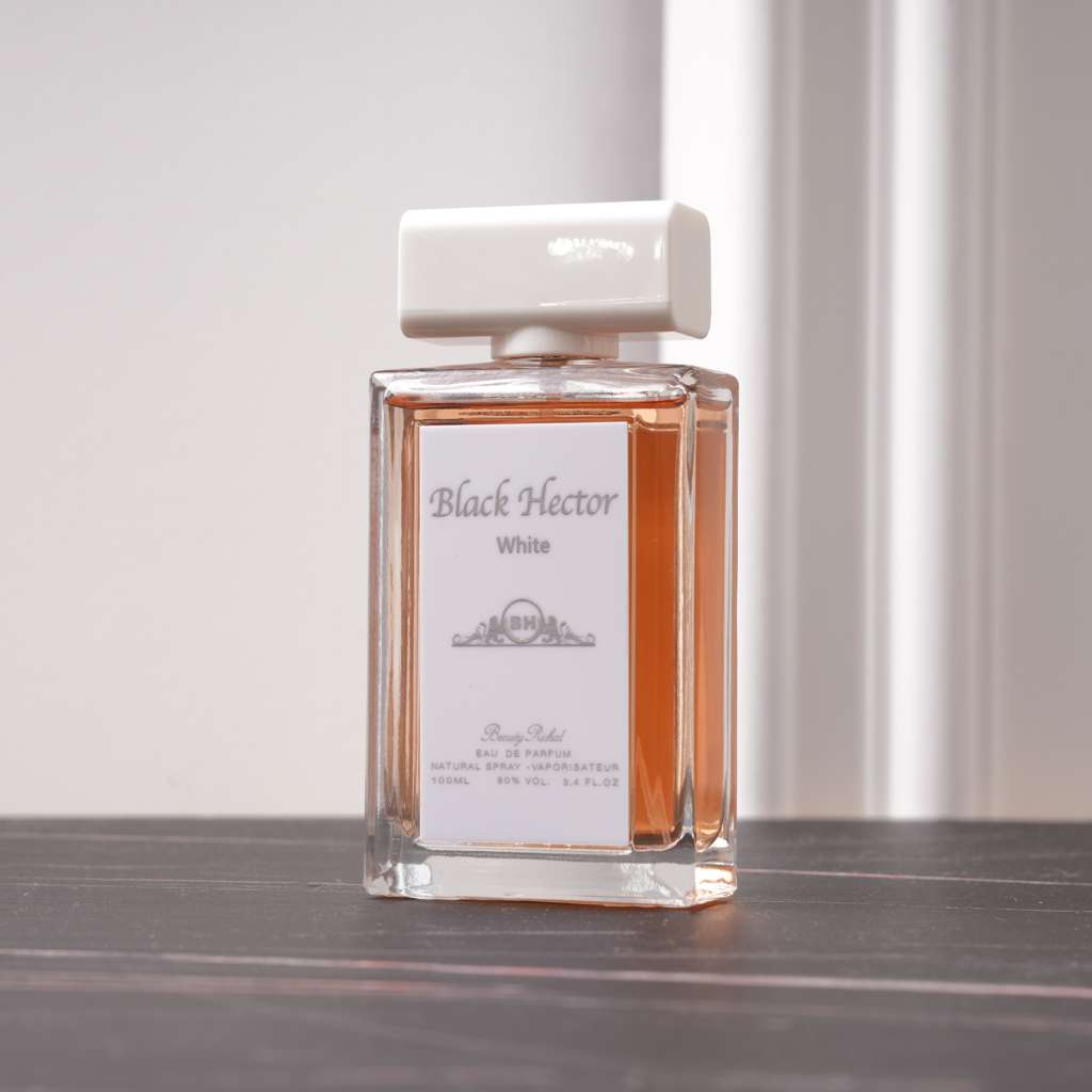Perfume bottle labeled 'Black Hector' on a wooden surface with a neutral background