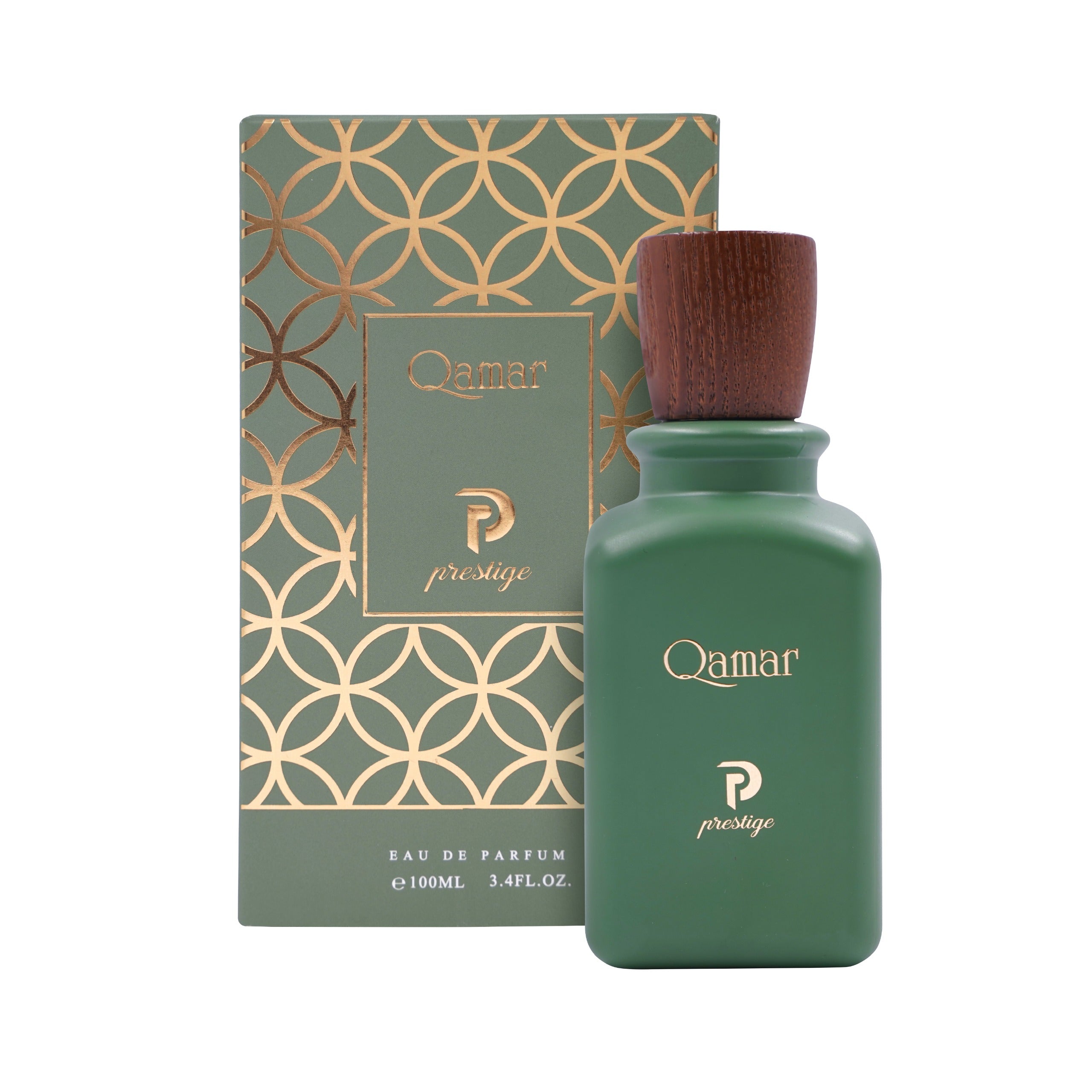 Green perfume bottle with wooden cap and matching box featuring 'Qamar' branding on a white background.