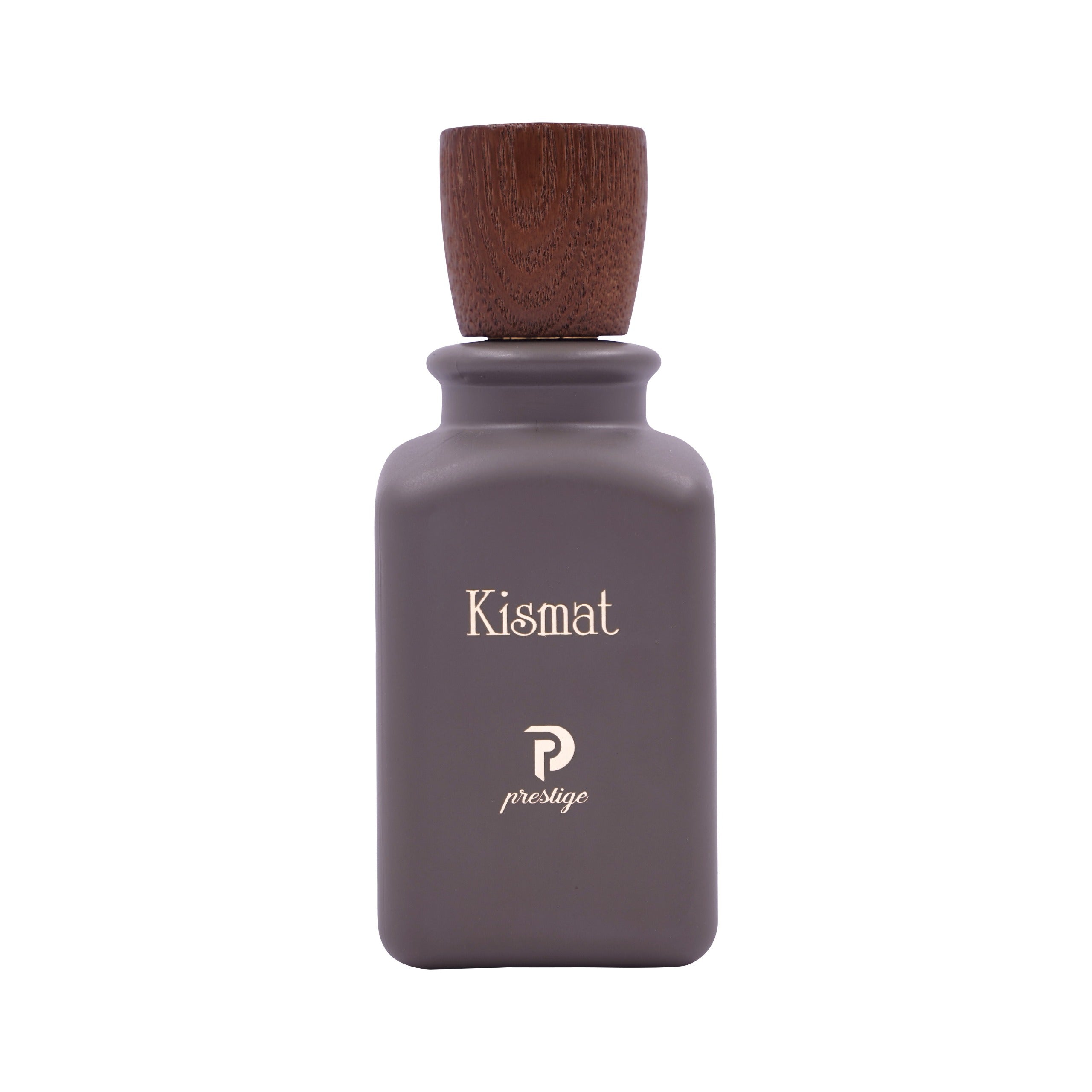 Gray perfume bottle labeled 'Kismat' with a wooden cap on a white background