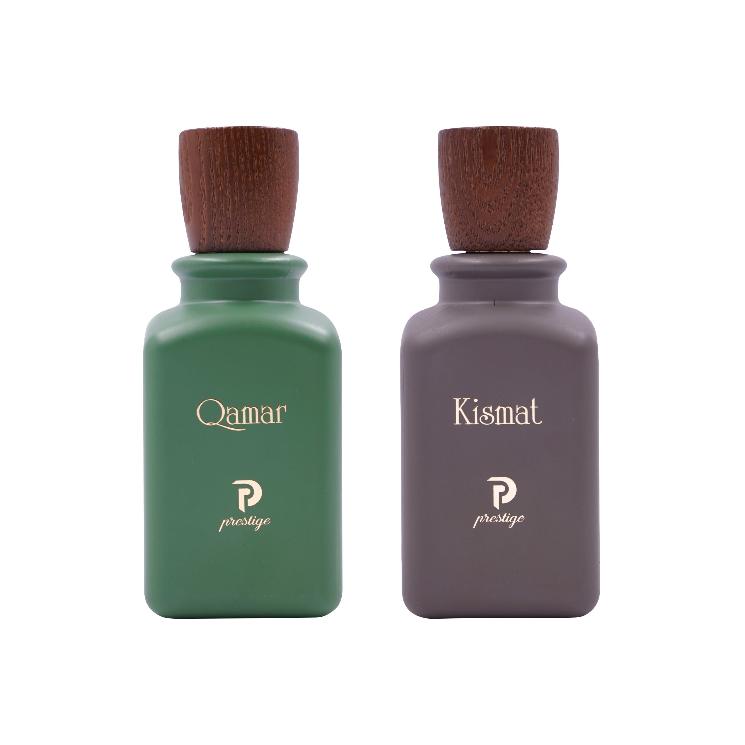 Two perfume bottles labeled 'Qamar' and 'Kismat' on a white background