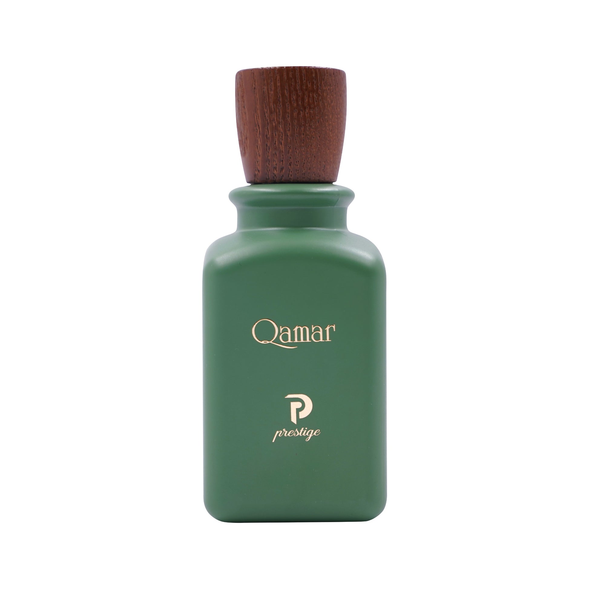 Green perfume bottle with wooden cap on a white background