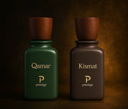 Two perfume bottles labeled 'Qamar' and 'Kismat' with wooden caps on a dark background.